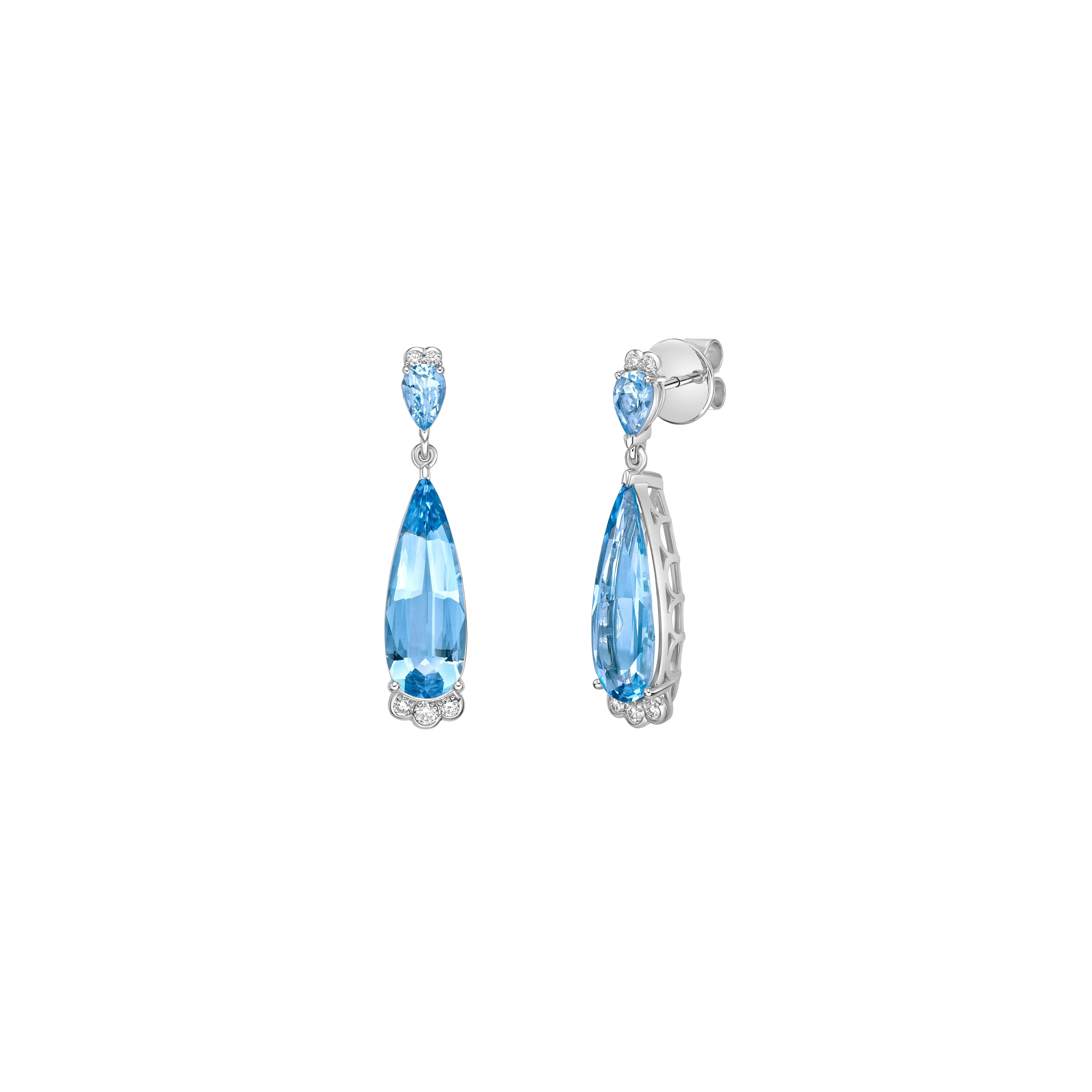 Pear Cut 6.35 Carat Aquamarine Drop Dangle Earrings in 18KWG with White Diamond. For Sale