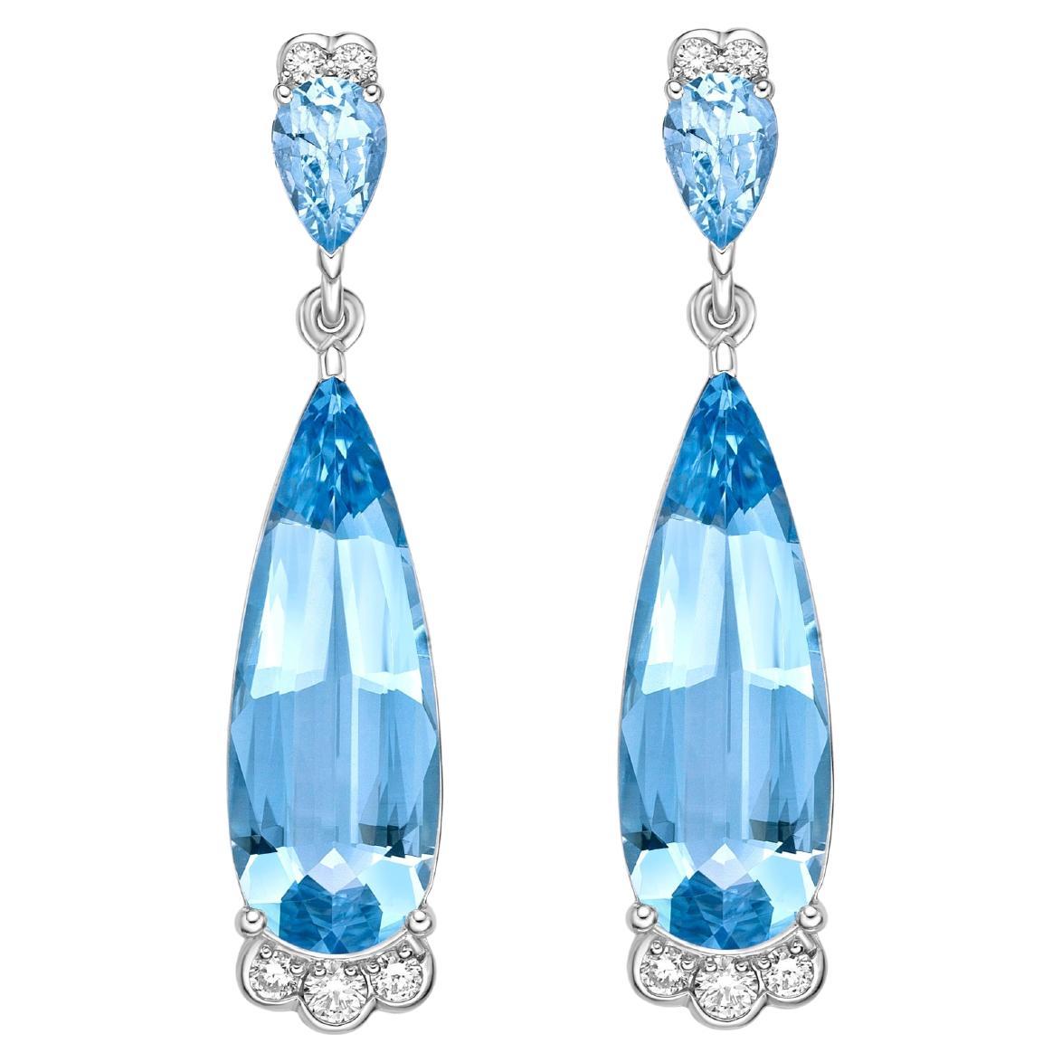 6.35 Carat Aquamarine Drop Dangle Earrings in 18KWG with White Diamond. For Sale