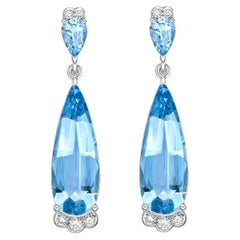 6.35 Carat Aquamarine Drop Dangle Earrings in 18KWG with White Diamond.