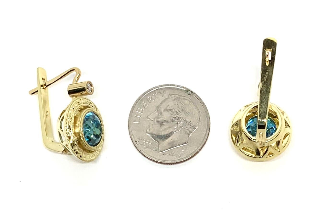 6.35 Carat Blue Zircon and Diamond 18k Yellow Gold Lever Back Earrings 2
