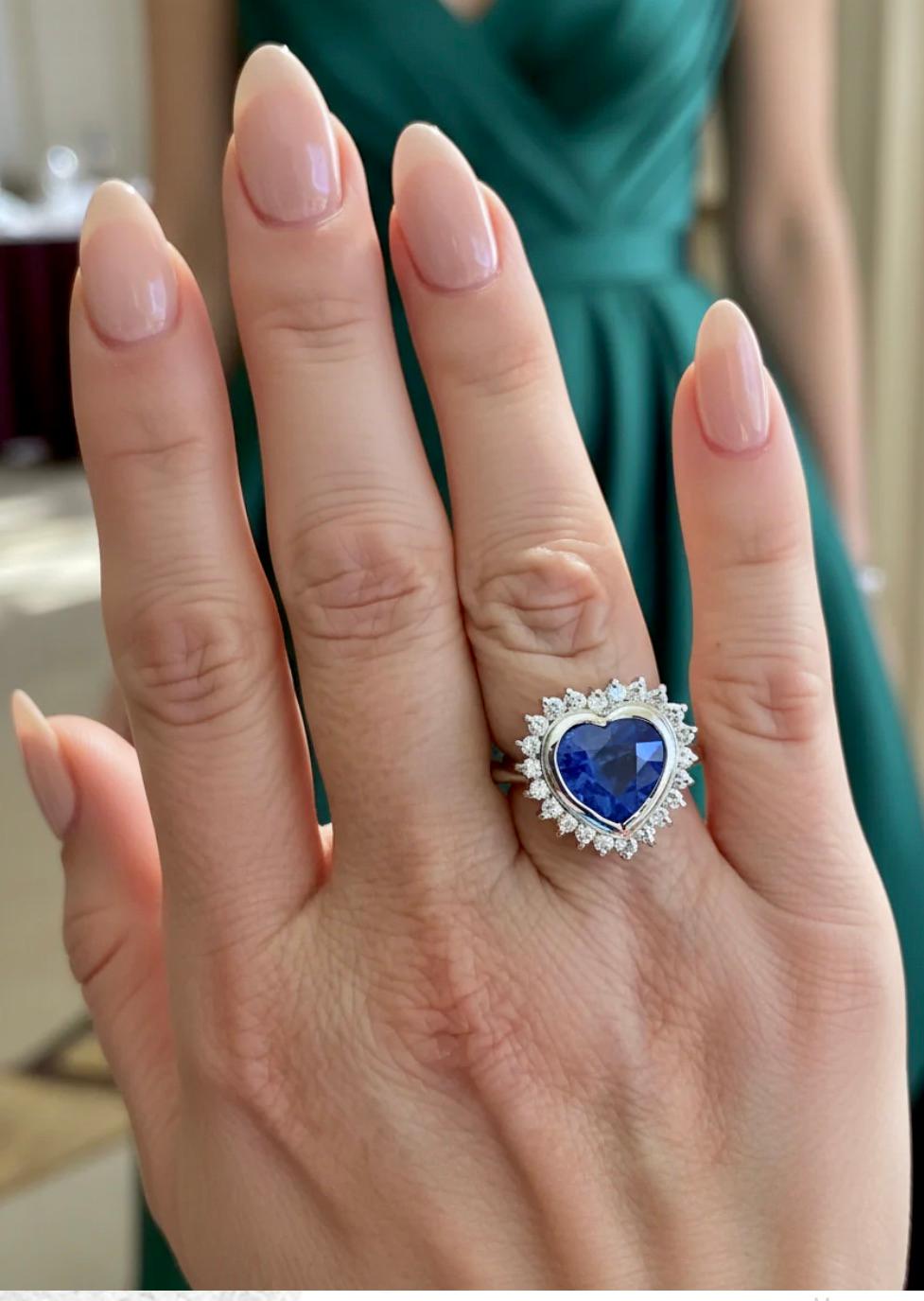 Bague de fiançailles en or 18 carats avec diamants et saphir de Birmanie en forme de cœur de 6,35 carats certifié Pour femmes en vente