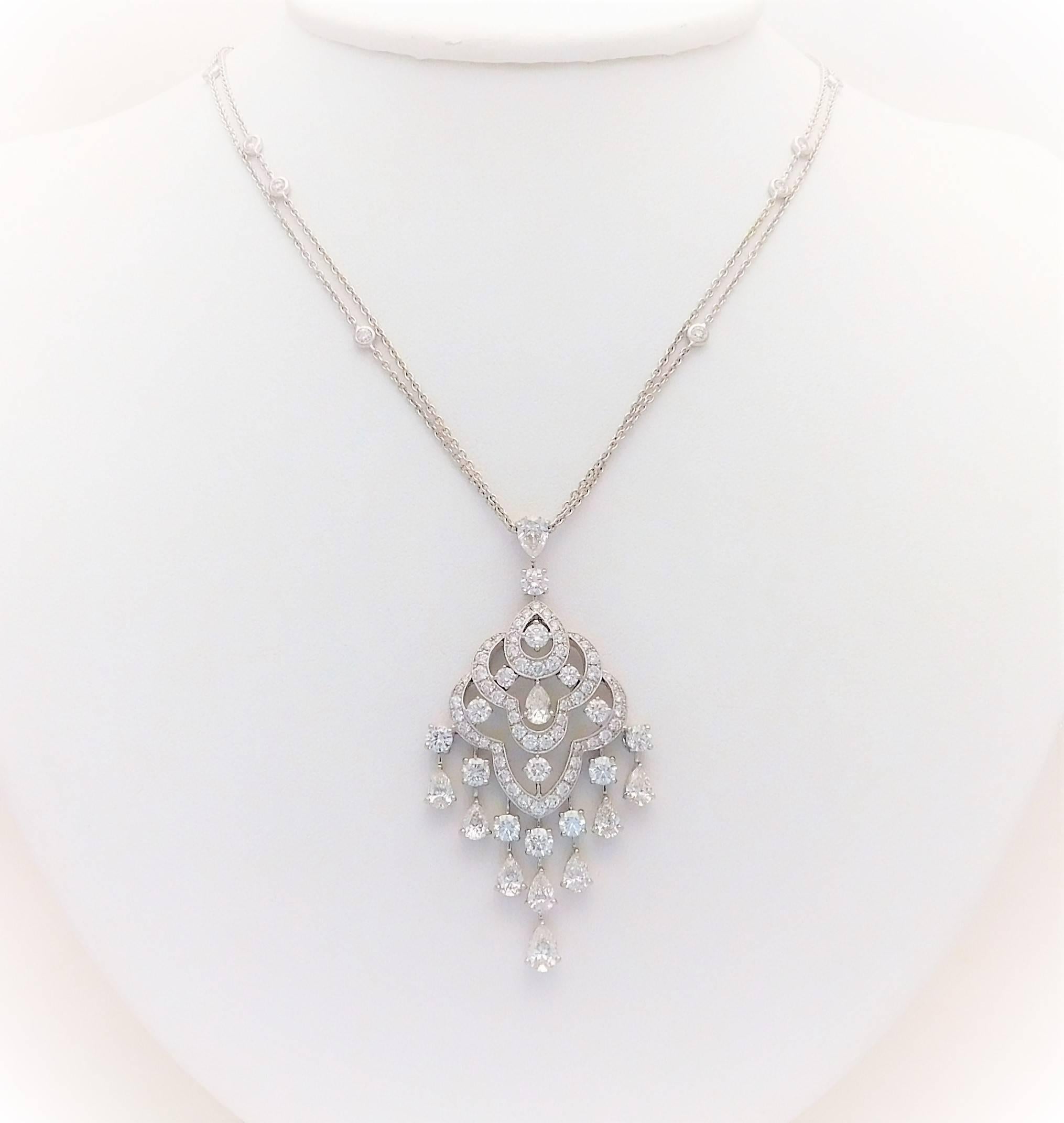 Round Cut 6.35 Carat Double Strand 18 Karat White Gold Diamond Chandelier Necklace For Sale