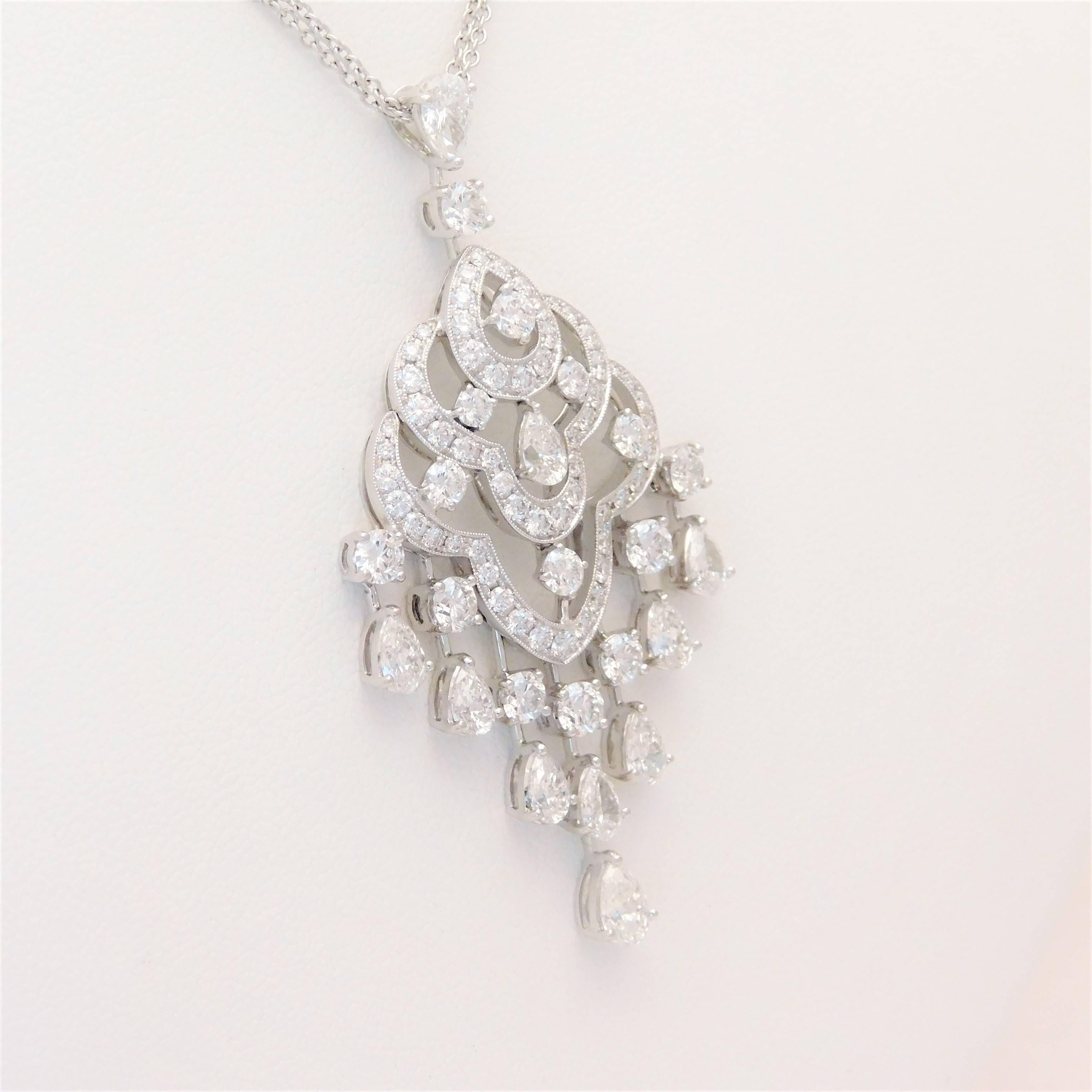 6.35 Carat Double Strand 18 Karat White Gold Diamond Chandelier Necklace For Sale 1
