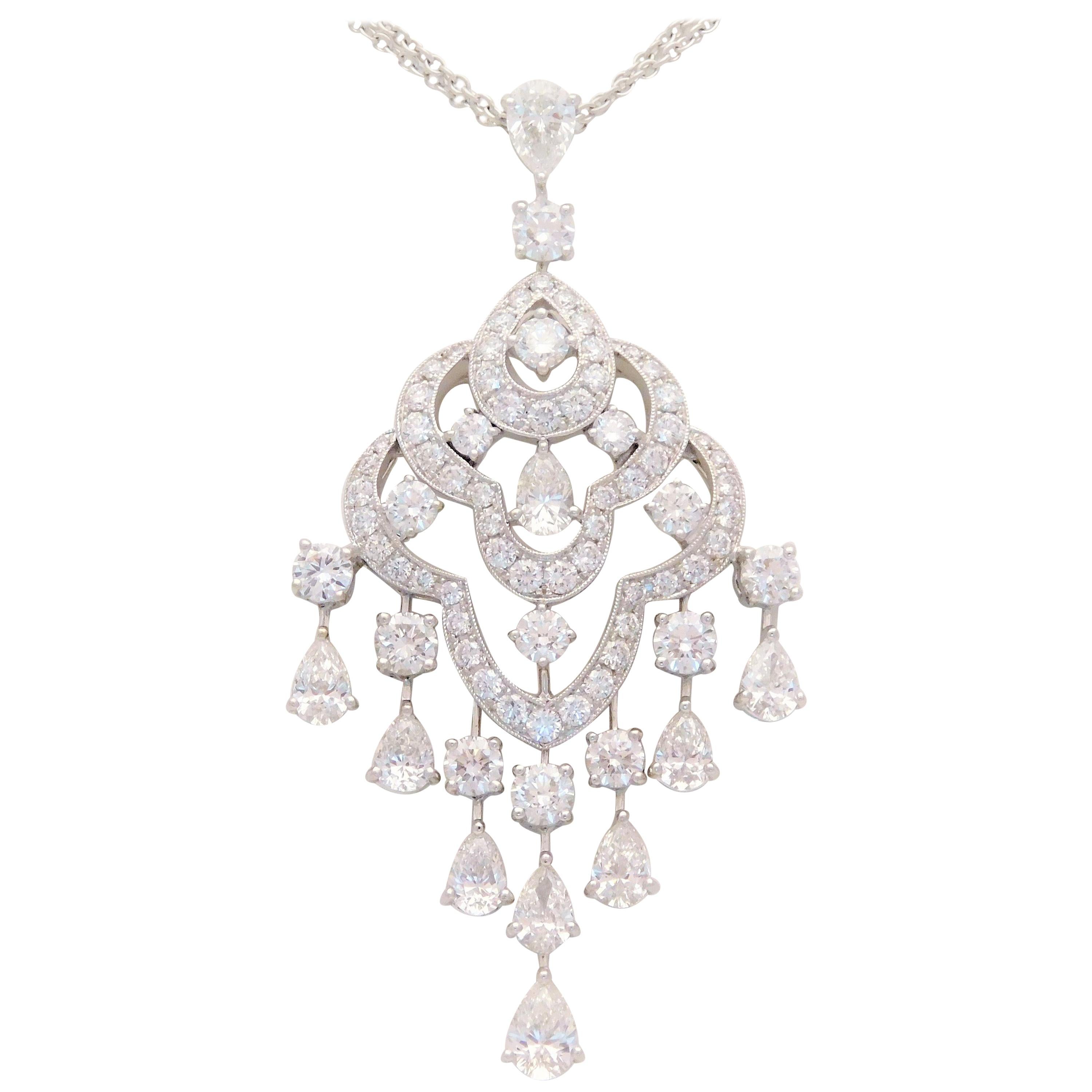 6.35 Carat Double Strand 18 Karat White Gold Diamond Chandelier Necklace For Sale