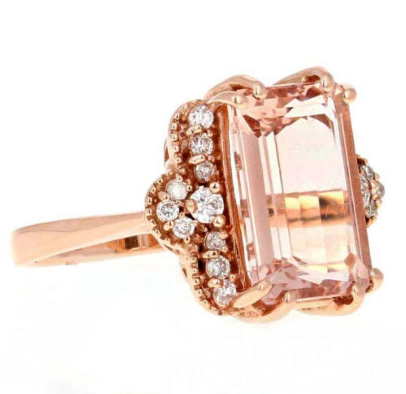 6.35 Carats Exquisite Natural Morganite and Diamond 14K Solid Rose Gold Ring

Total Natural Emerald Cut Morganite Weights: Approx. 6.00 Carats

Morganite Measures: Approx. 12.00 x 10.00mm

Natural Round Diamonds Weight: Approx. 0.35 Carats (color