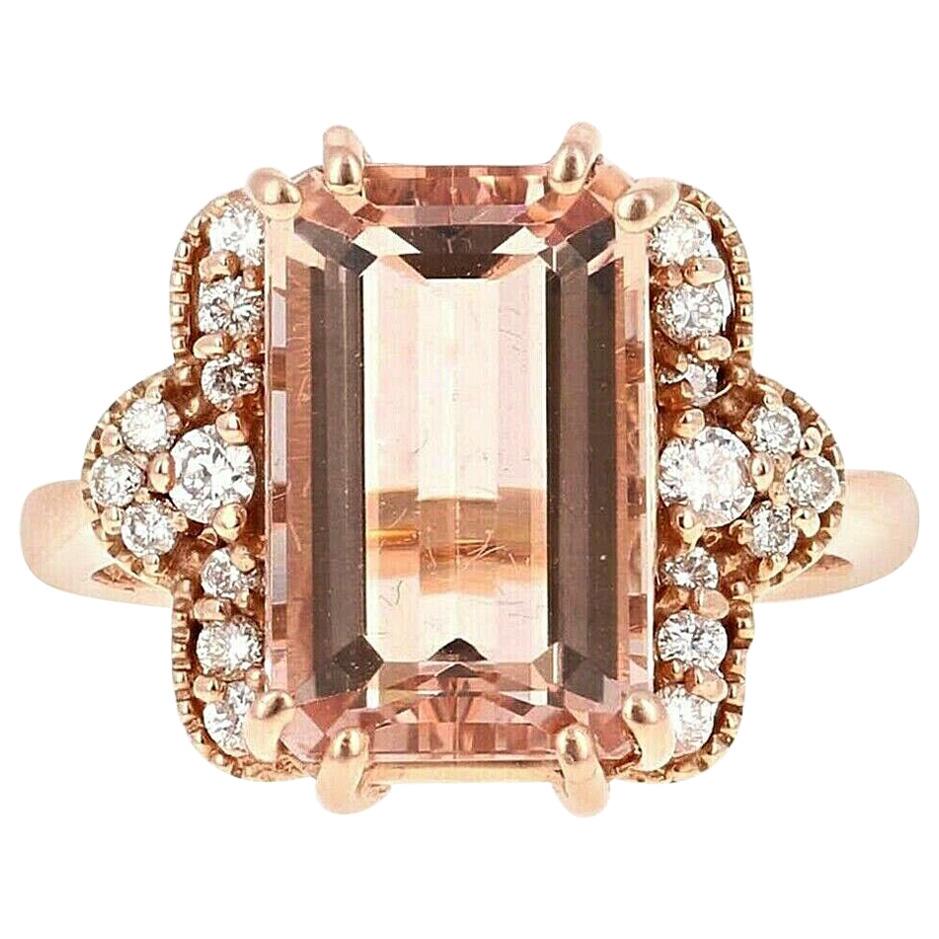 6.35 Carat Exquisite Natural Morganite and Diamond 14 Karat Solid Rose Gold Ring For Sale