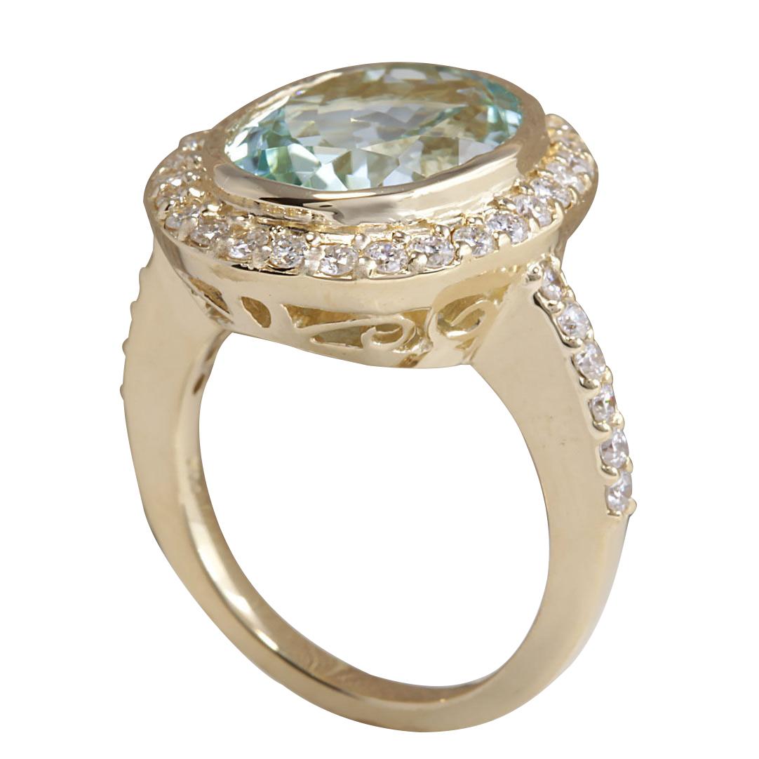 Oval Cut Natural Aquamarine 14 Karat Yellow Gold Diamond Ring For Sale