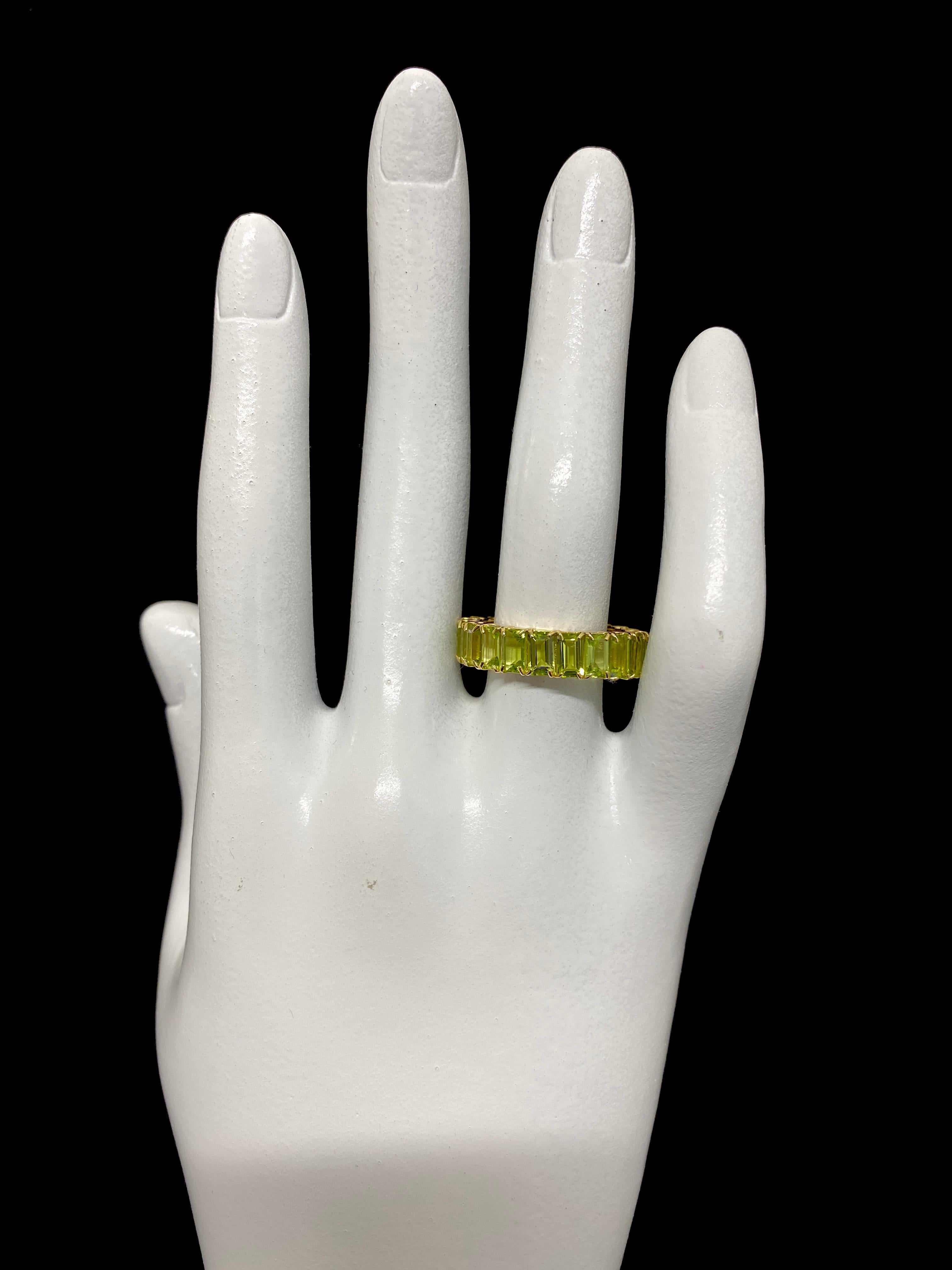 Octagon Cut 6.35 Carat Natural Peridot Full Eternity Ring Set in 18 Karat Yellow Gold