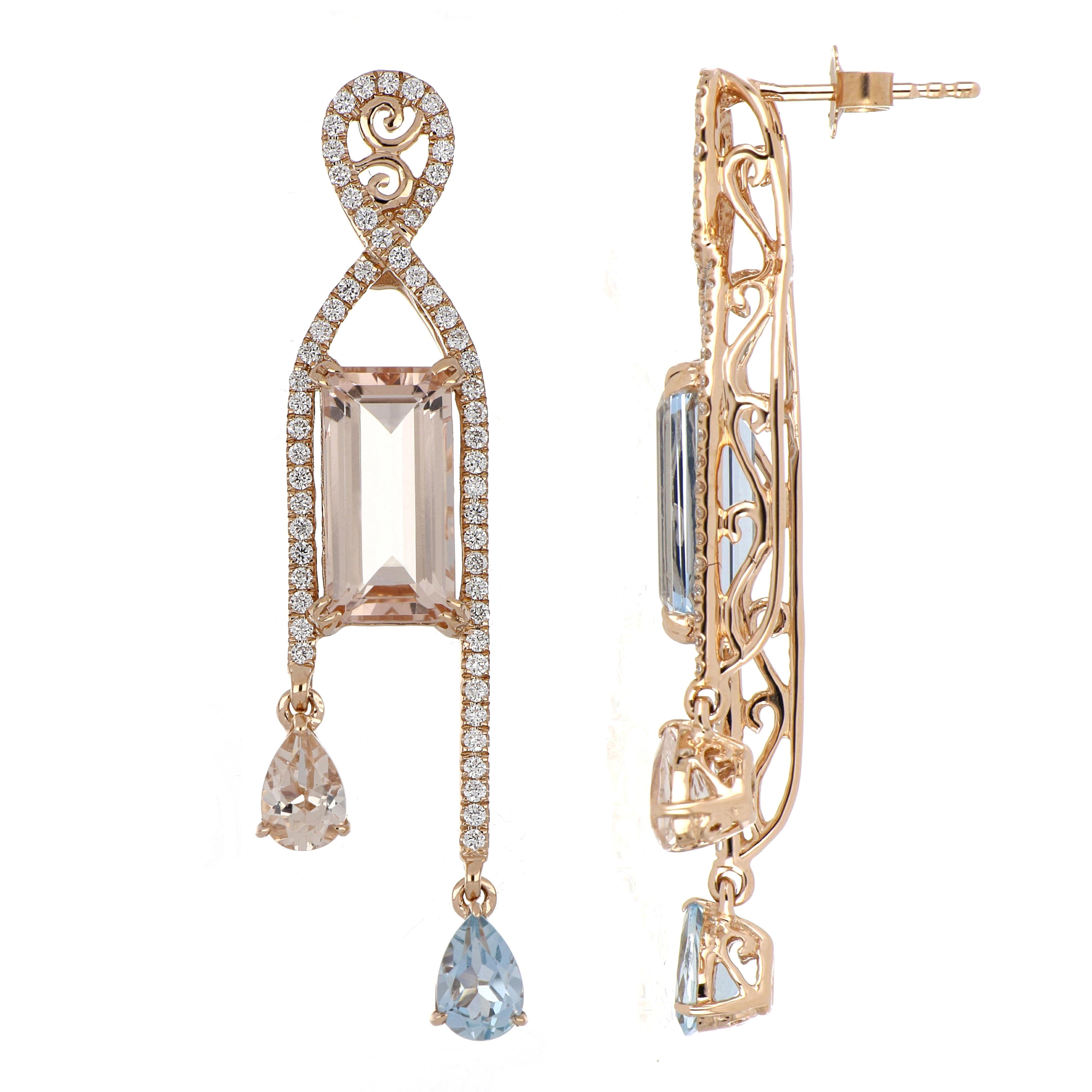 6.35 Carat Total Morganite and Aquamarine Earring with Diamonds in 18 Karat Gold For Sale 4