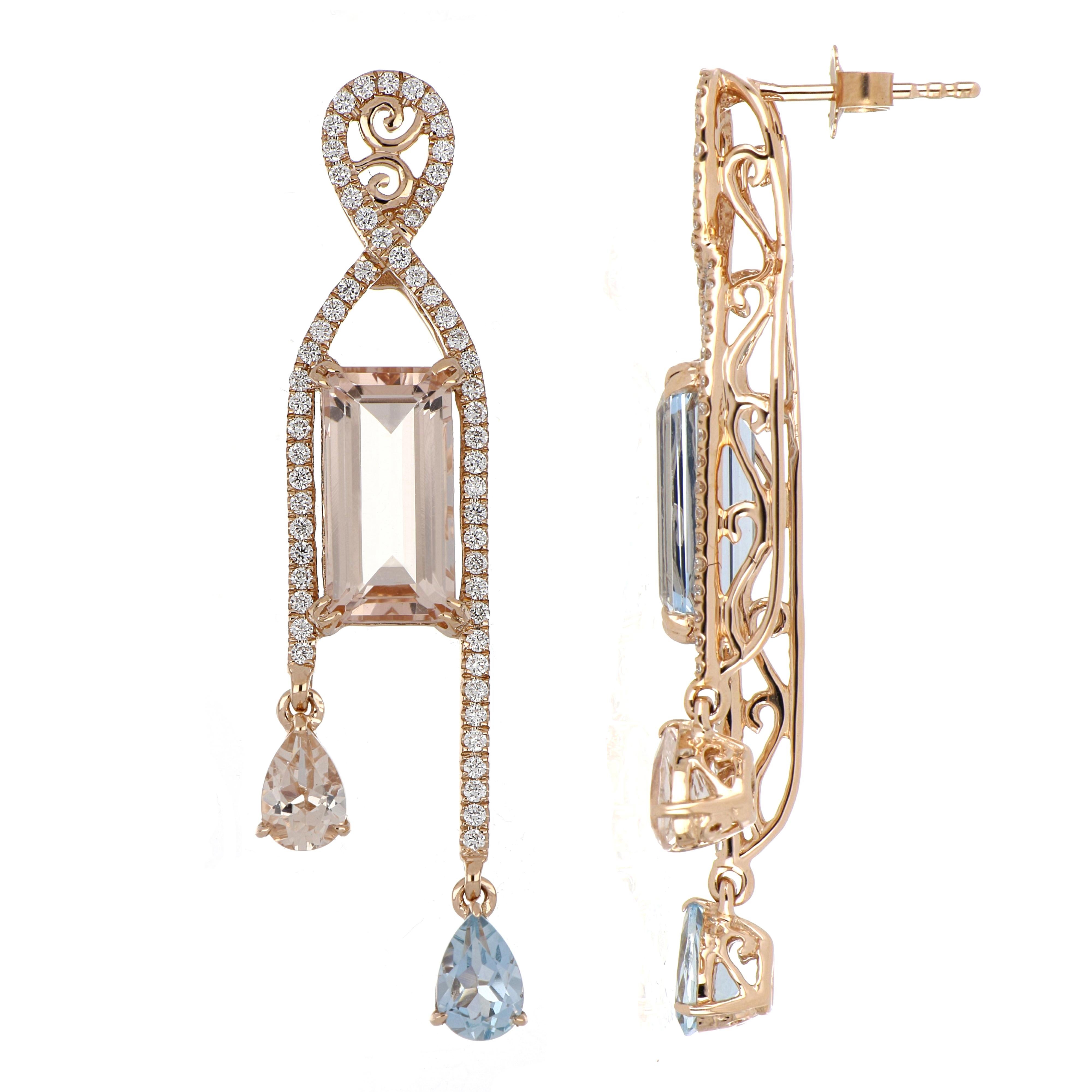 Contemporary 6.35 Carat Total Morganite and Aquamarine Earring with Diamonds in 18 Karat Gold For Sale