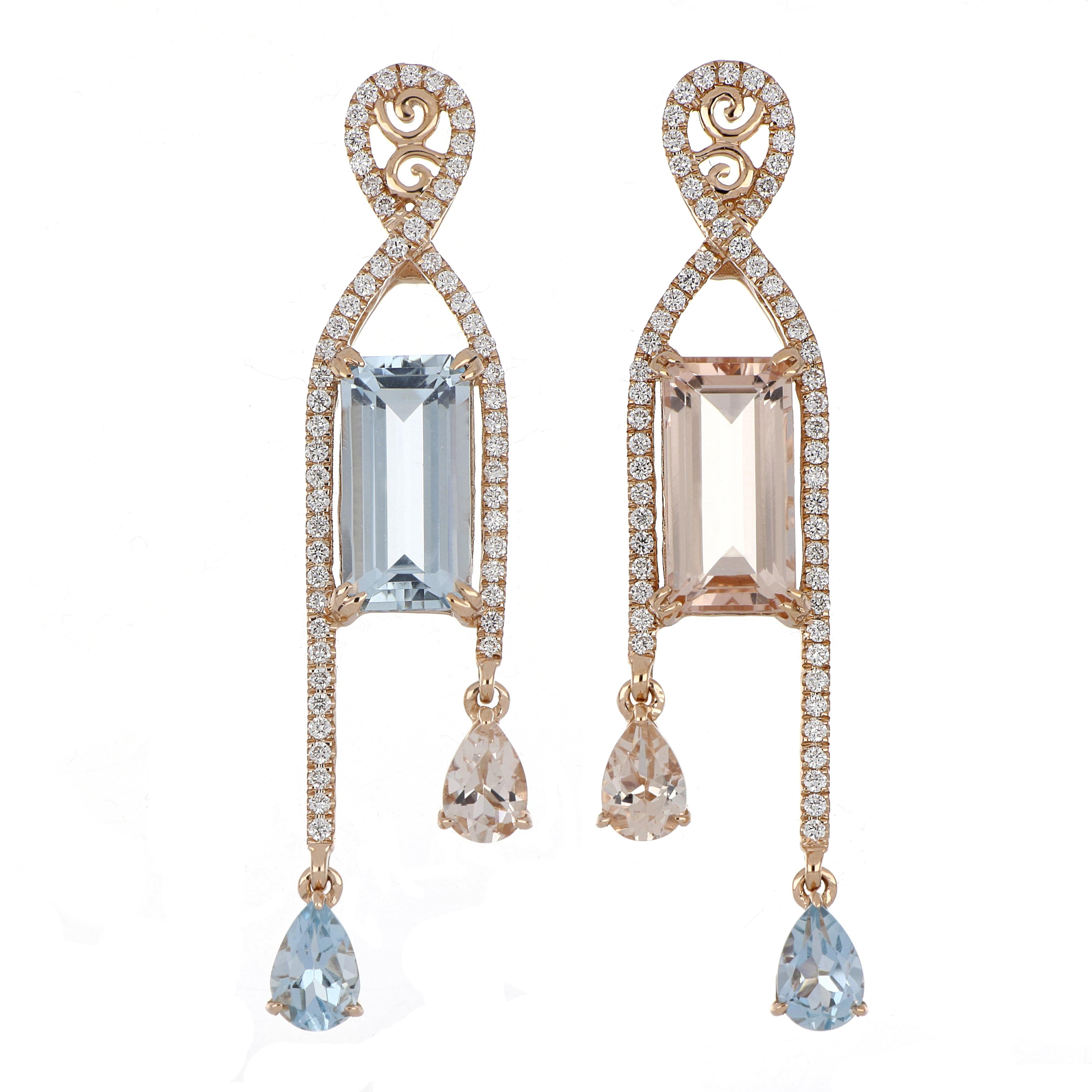 6.35 Carat Total Morganite and Aquamarine Earring with Diamonds in 18 Karat Gold For Sale 2