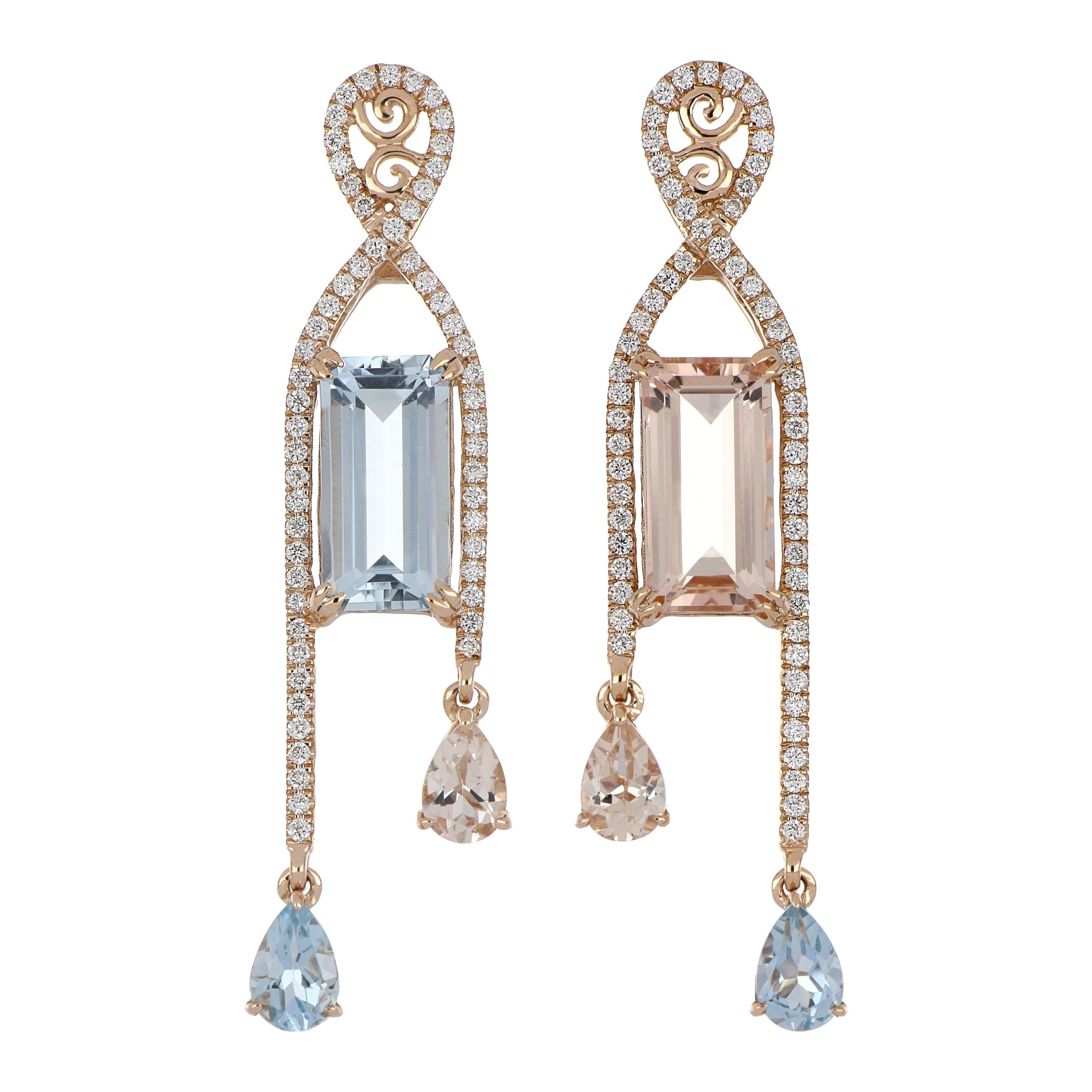 6.35 Carat Total Morganite and Aquamarine Earring with Diamonds in 18 Karat Gold