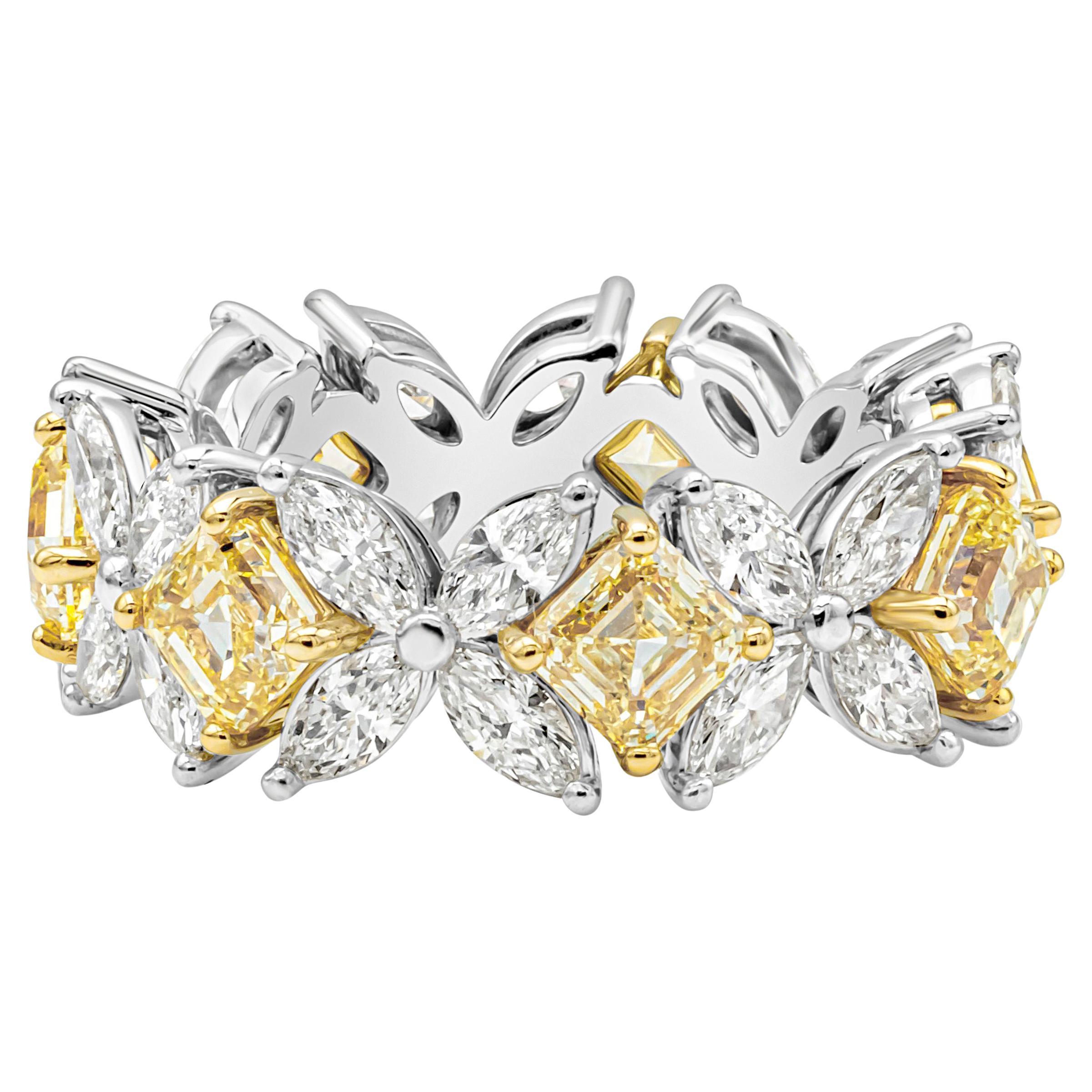 A fashionable and stylish band ring showcasing marquise cut diamonds in a flower-motif design weighing 2.58 carats total, F color and VS in Clarity. Elegantly spaced by asscher cut fancy intense yellow diamonds weighing 3.77 carats total, VS-VVS in