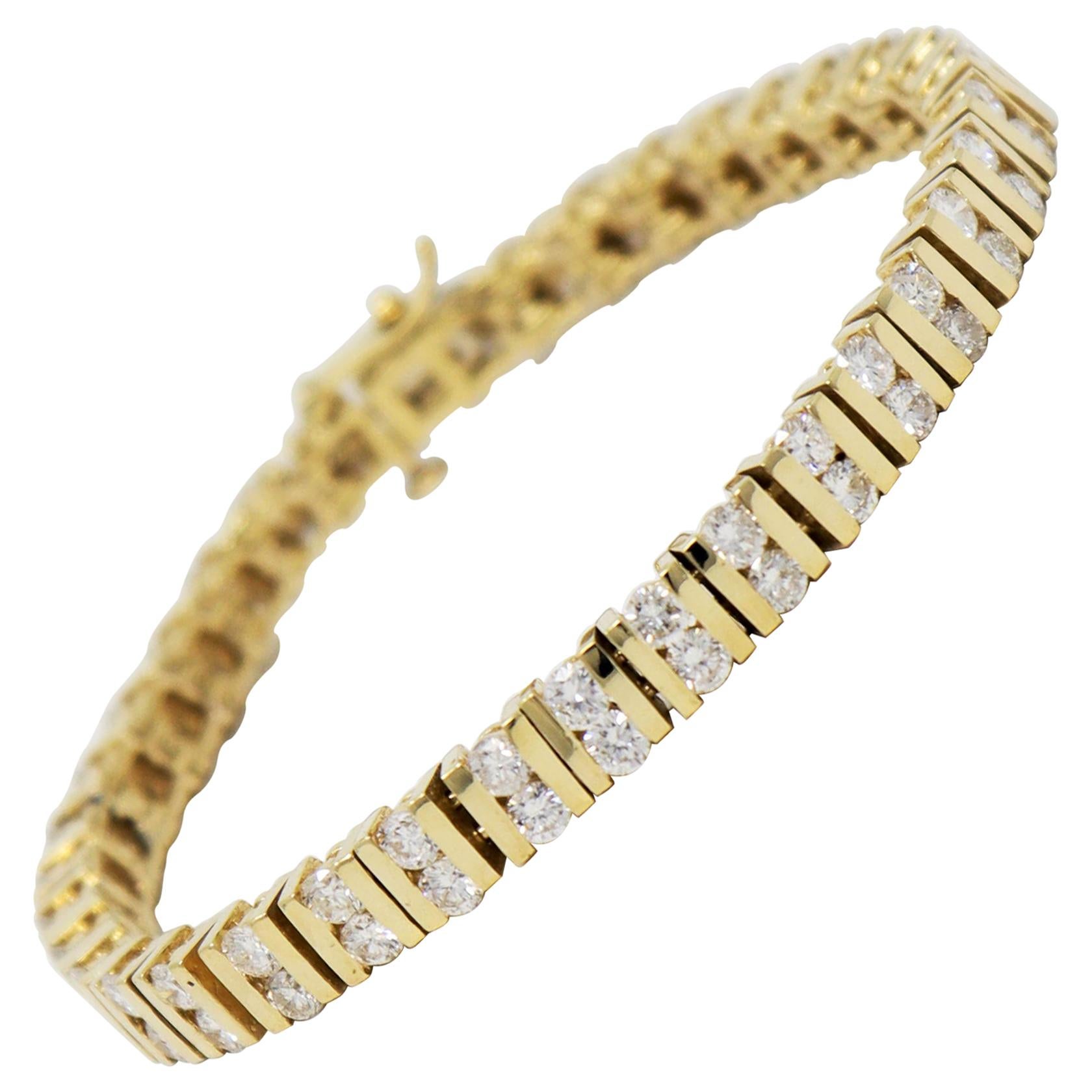 Bracelet tennis à maillons en or jaune 14 carats avec barre de diamants ronds de 6,35 carats au total