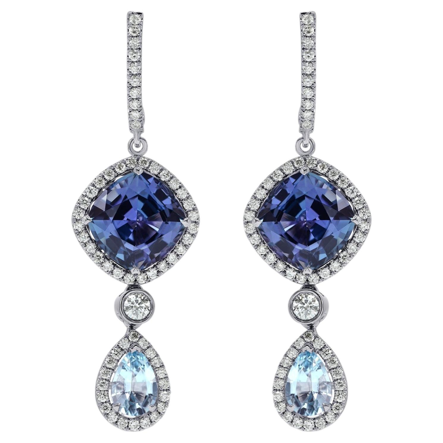 6.35 cts CS's Tanzanite and Aquamarine Diamond Drop Earrings For Sale