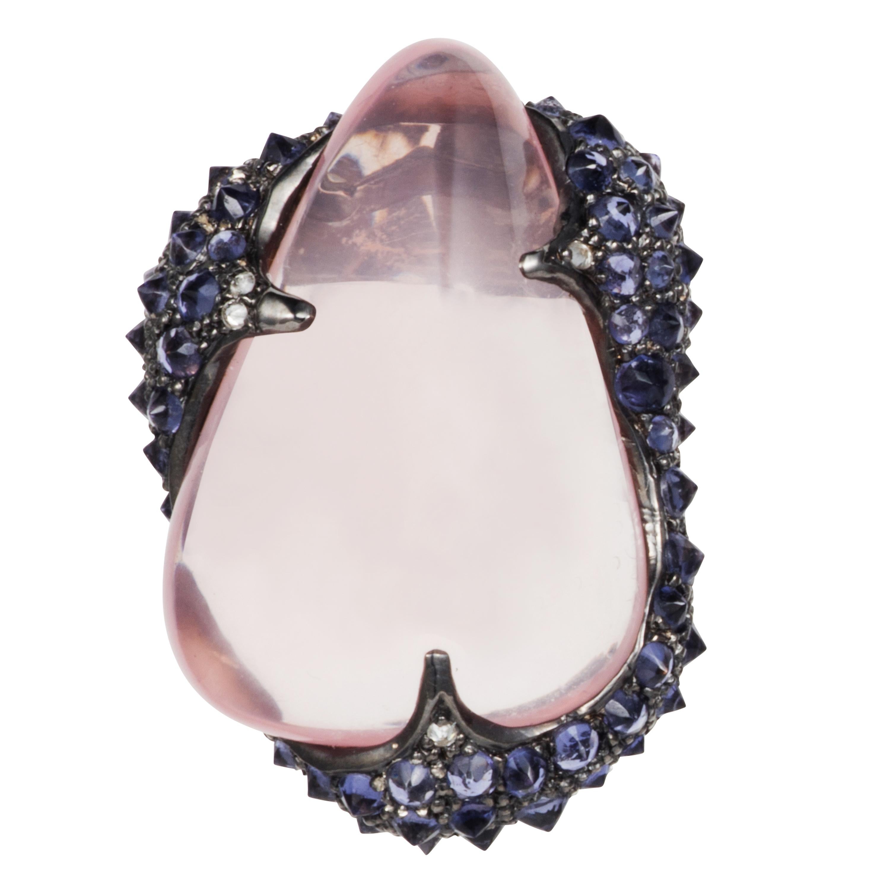Gross weight: 24.4 grams
Gold: 3 grams 
Rose Quartz: 63.250 carats
Iolites: 4.25 carats
Diamonds: 0.09 carats 

Made to order and available in other precious stones.  Matching statement ring also available.

Translucent delicate pink  ‘tumbled’
