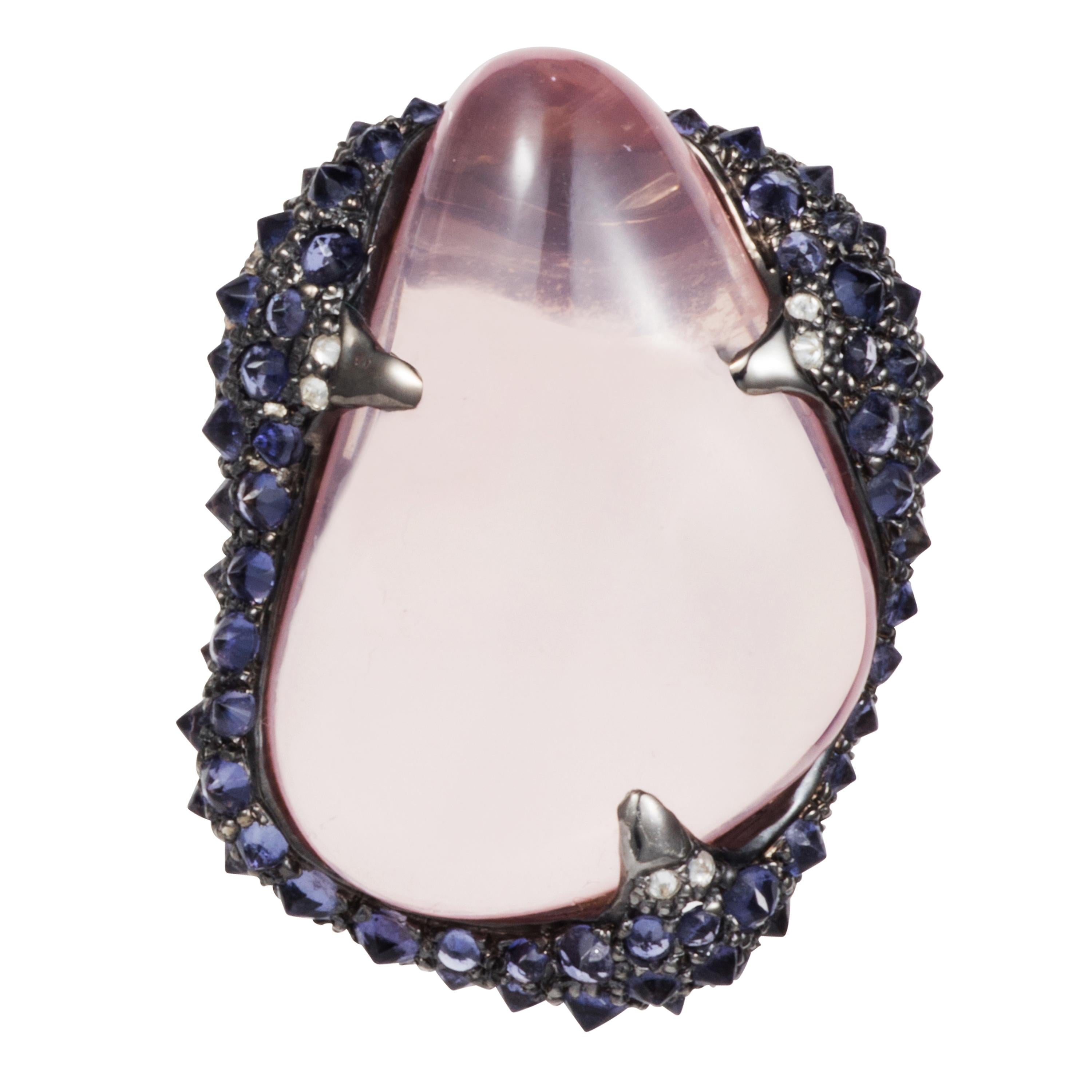 Contemporary Manpriya B 63.50ct Rose Quartz Tumble Iolite & Diamond Clip-On Earrings For Sale