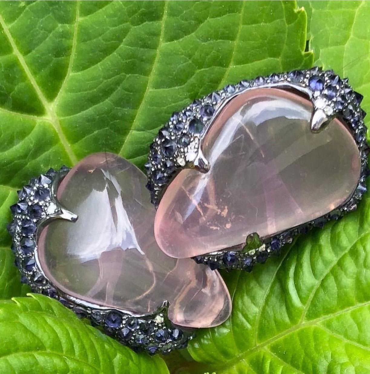 Manpriya B 63.50ct Rose Quartz Tumble Iolite & Diamond Clip-On Earrings For Sale 1