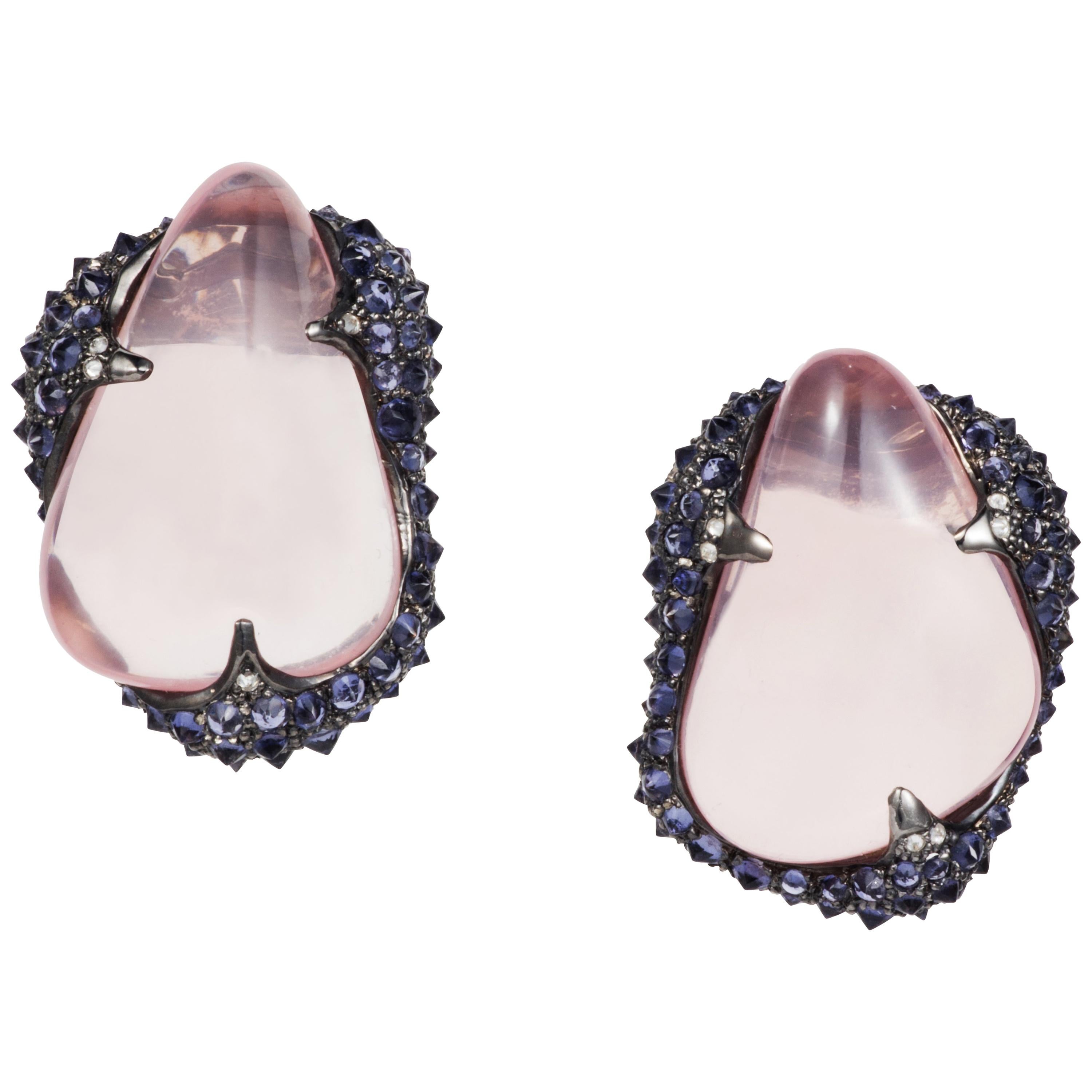 Manpriya B 63.50ct Rose Quartz Tumble Iolite & Diamond Clip-On Earrings For Sale