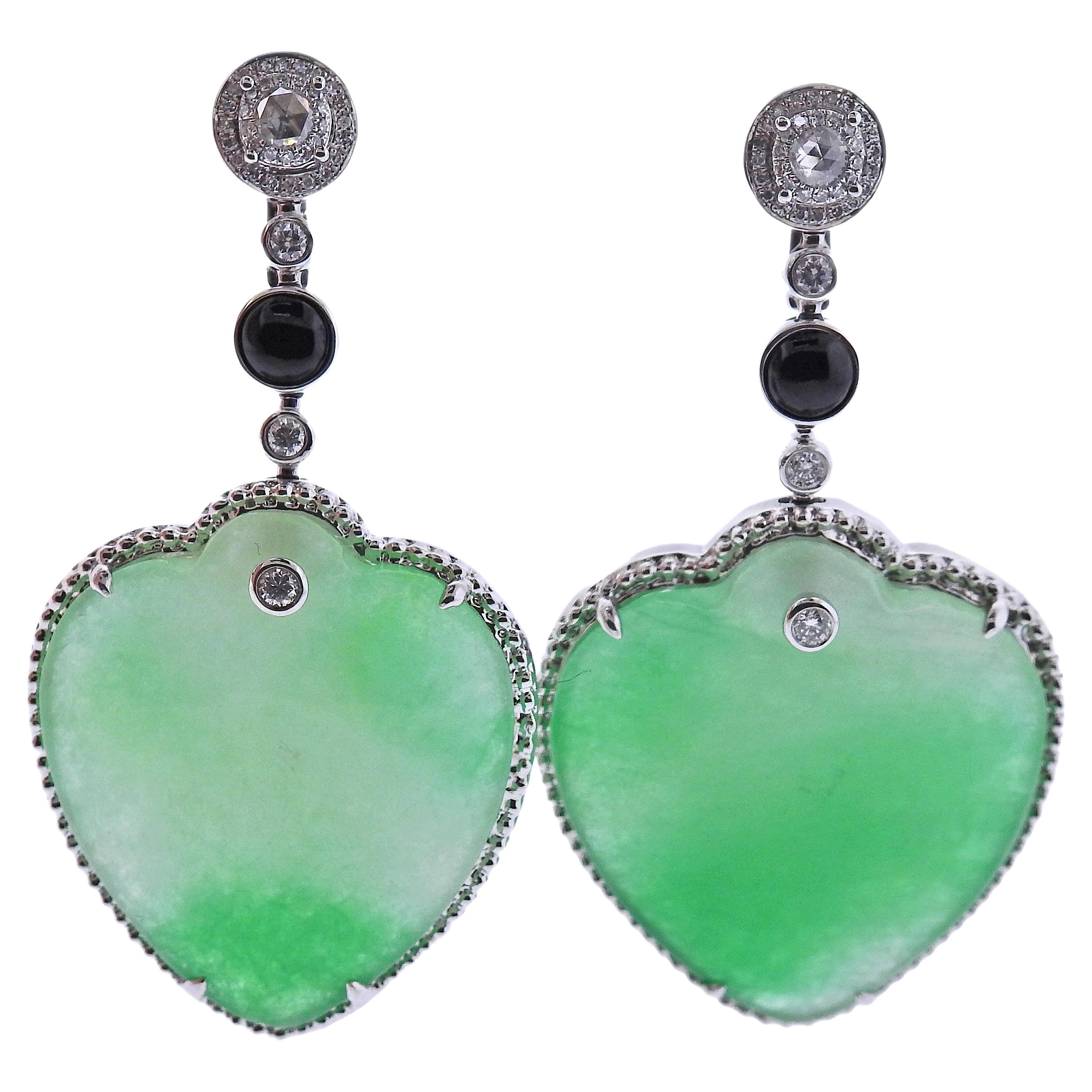 63.52ctw Jadeite Jade Heart Diamond Onyx Gold Drop Earrings For Sale