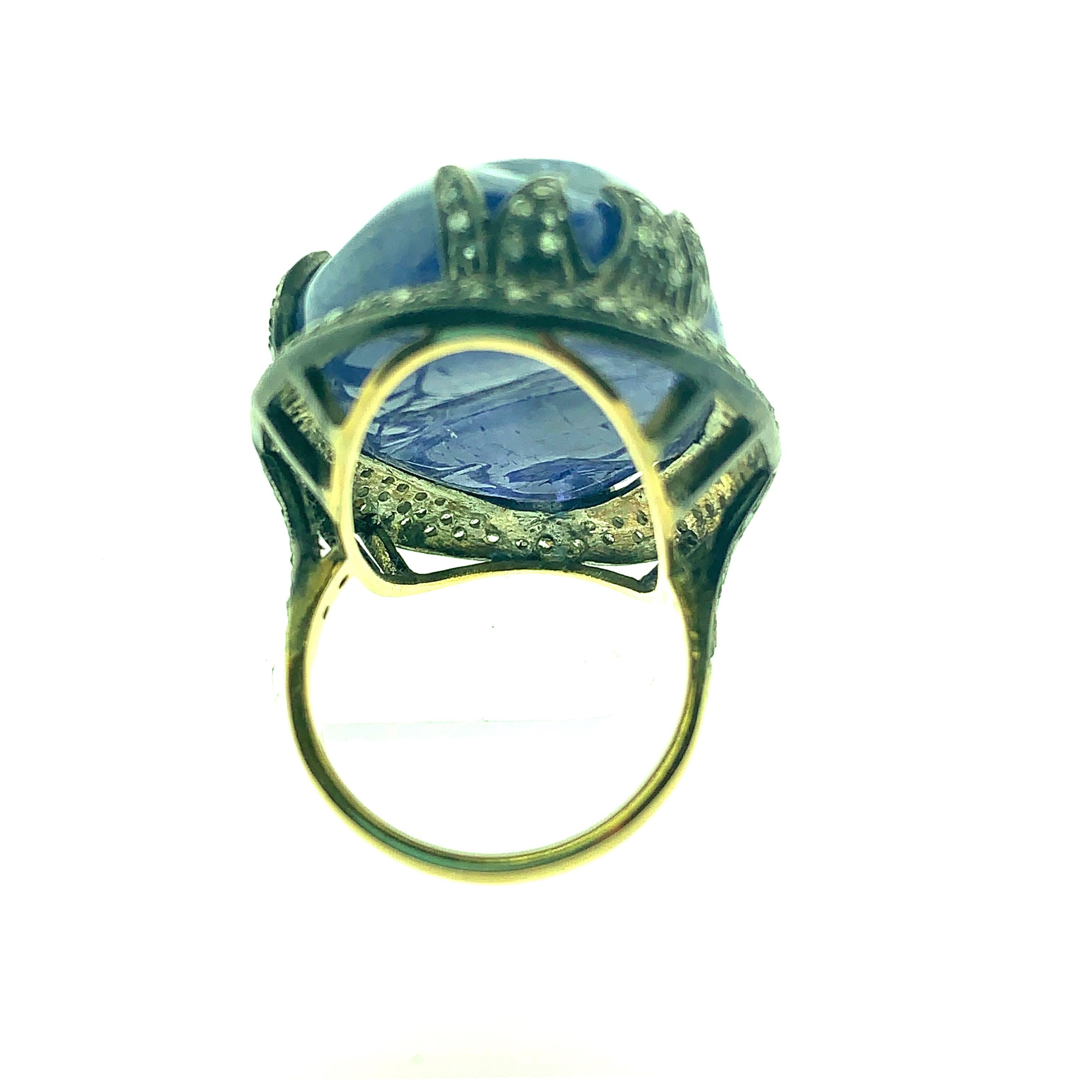 63.56 Carat Tanzanite 1.26 Carat Diamond Ring Oxidized Sterling Silver, 14K Gold In New Condition For Sale In New York, NY