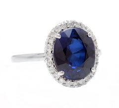 6.35Ct  Blue Sapphire and Natural Diamond 14K White Gold Ring