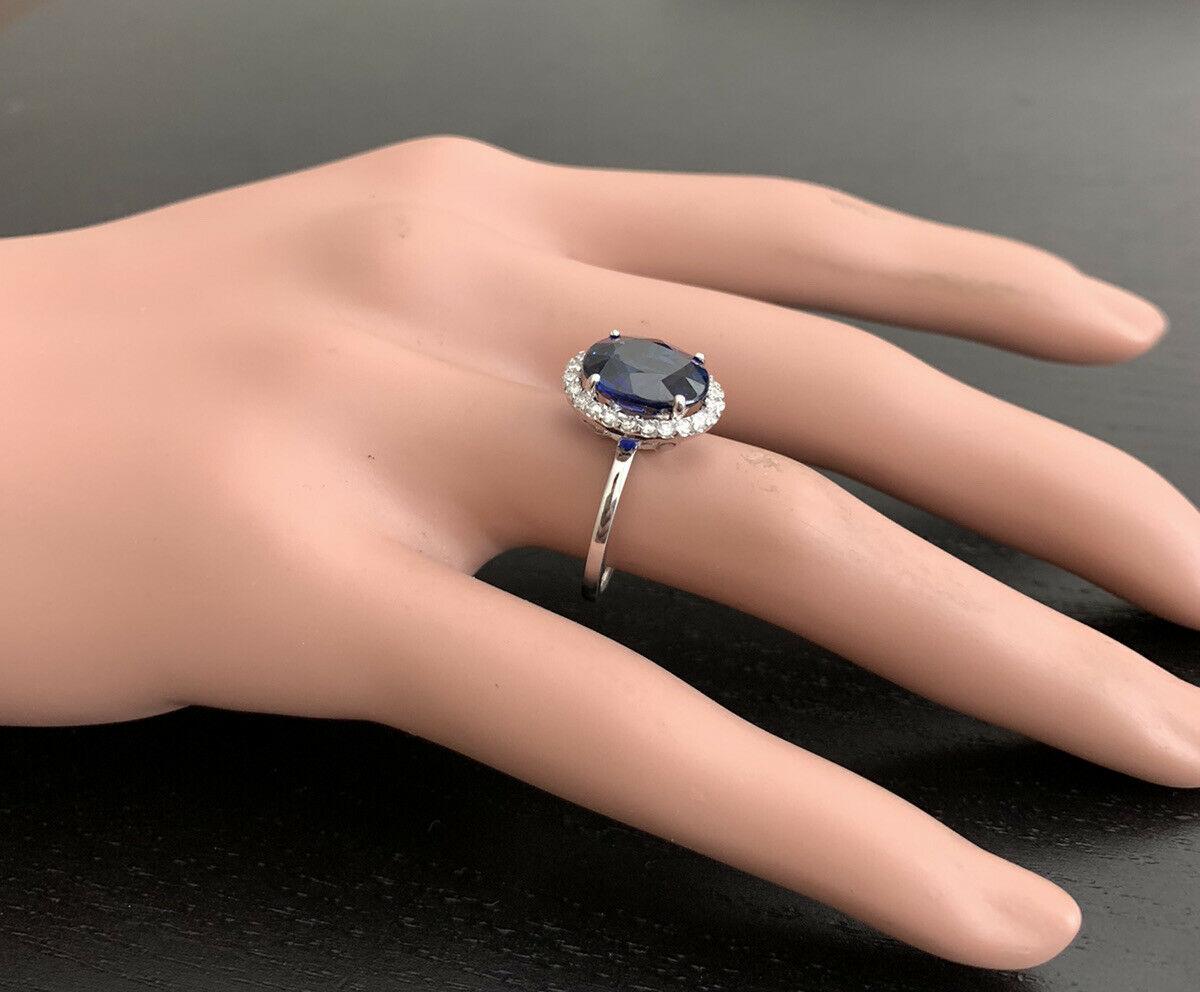 6.35Ct  Blue Sapphire and Natural Diamond 14K White Gold Ring For Sale 1