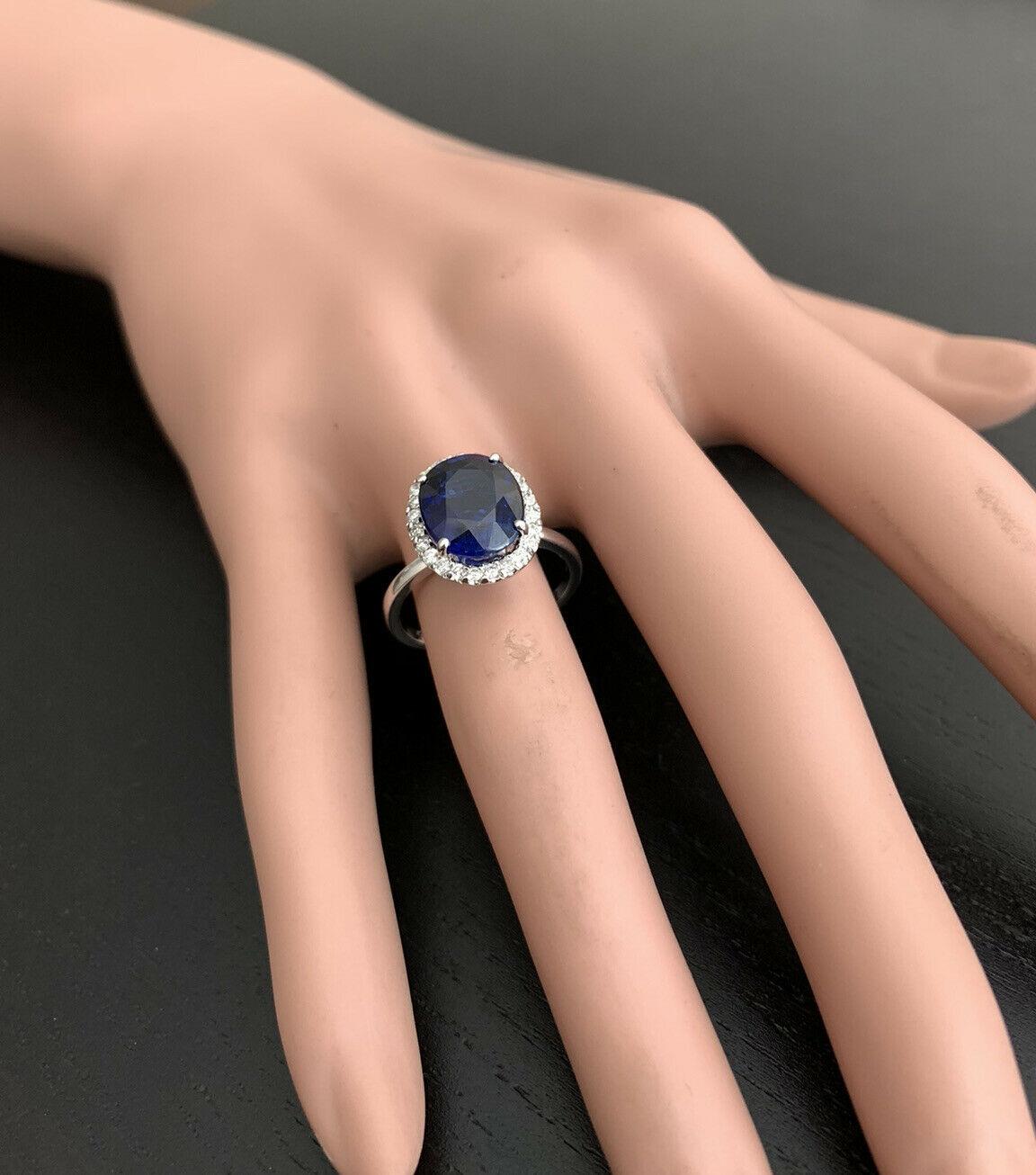 6.35Ct  Blue Sapphire and Natural Diamond 14K White Gold Ring For Sale 3