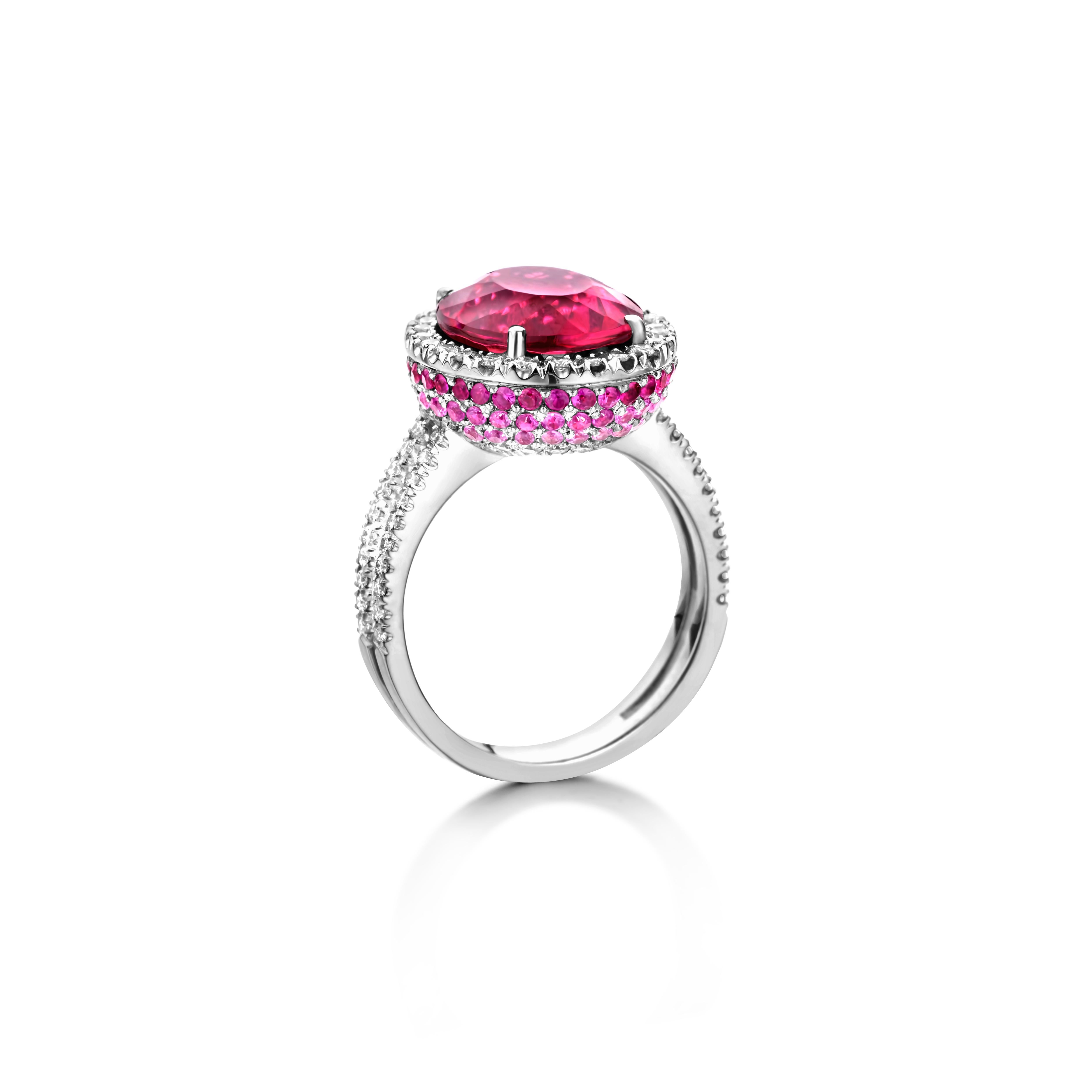 One of a kind cocktail ring in 18-Karat white gold (7,4g) set with 1 eye clean oval cut Rubelite Tourmaline, 0.81Ct pink sapphires set in dégradé pavé (dark, medium, light) and the finest white diamonds 0.70Ct VS/F quality in brilliant cut. 

Celine