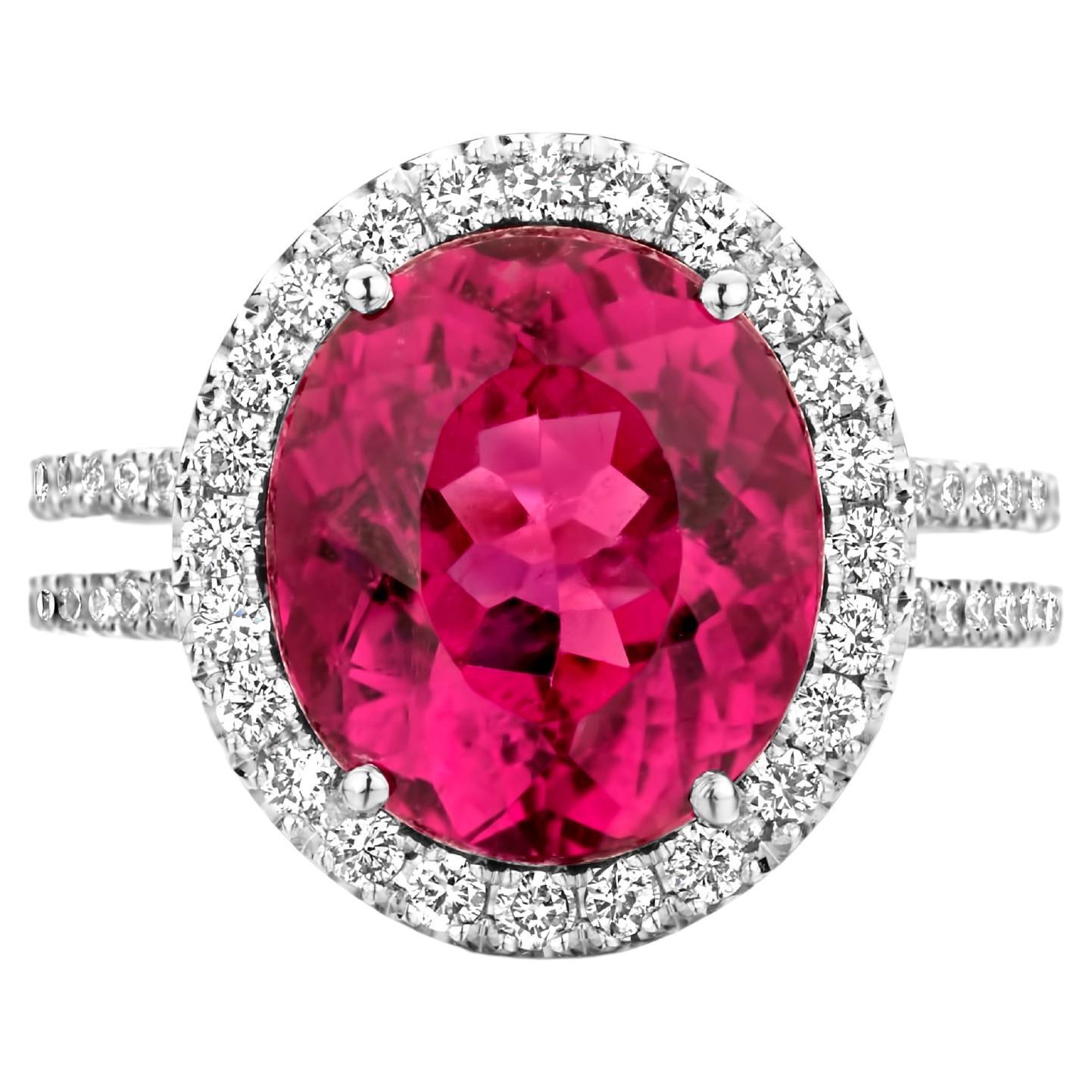 6.35 Carat Oval Rubelite, Pink Sapphire & Diamond 0.70Ct VS-F 18k Cocktail Ring