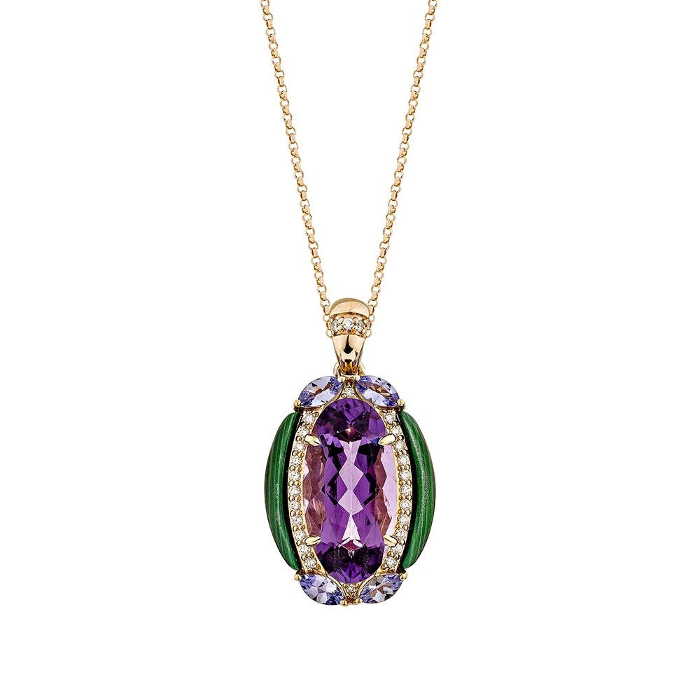 An oval-shaped amethyst stone with a checkerboard cut appears in the Pendant. On The top and bottom have studded tanzanite in marquise form on both sides, and the malachite stones in fancy cut on the side of the amethyst stone perfectly represent