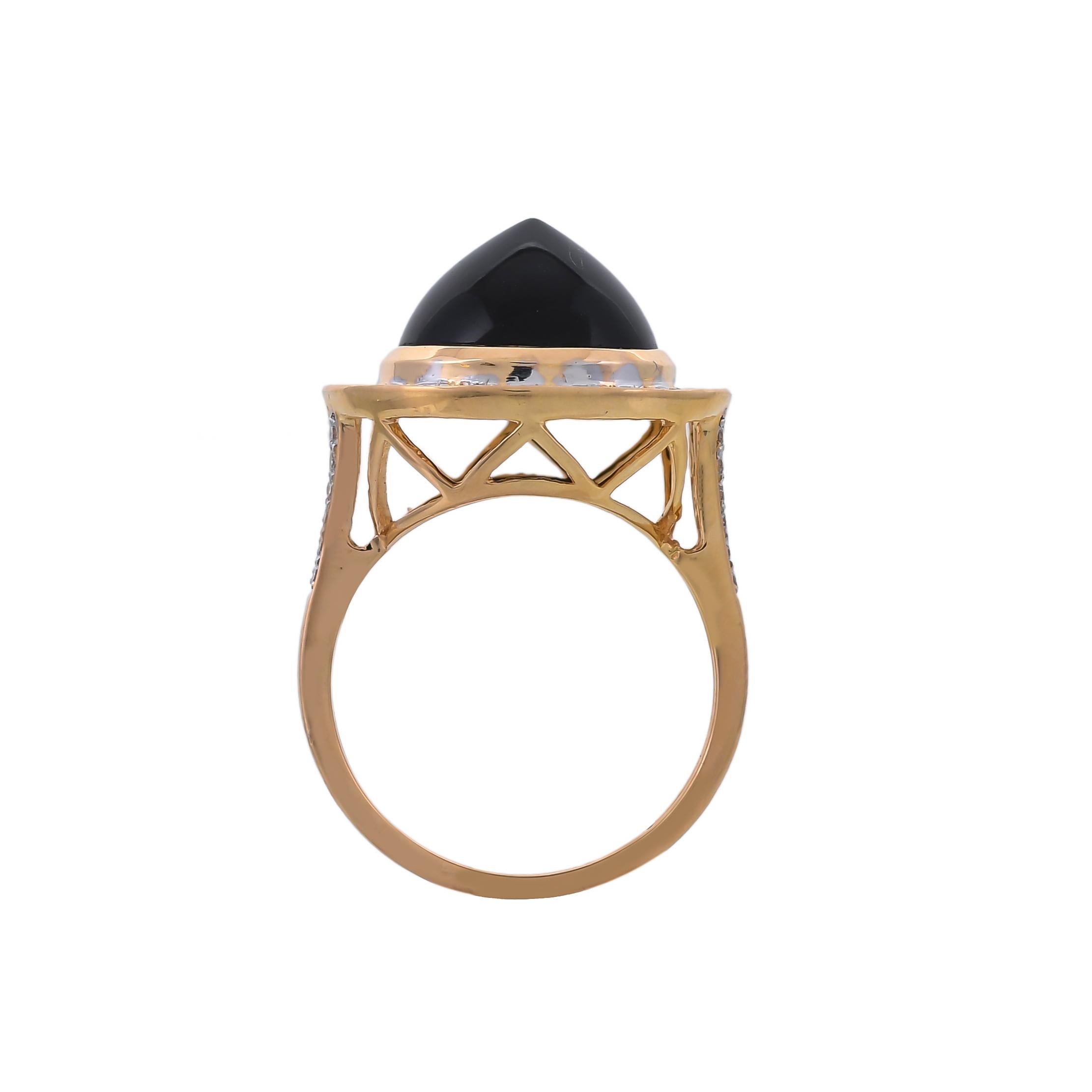 This 18 karats classic yellow gold ring from the collection Bon Bon is set meticulously with 0.31-carat diamonds and 6.36-carat black onyx.
Playful yet chic this ring is an answer to spice up your everyday style.
Ring size- US 7
Top measures-