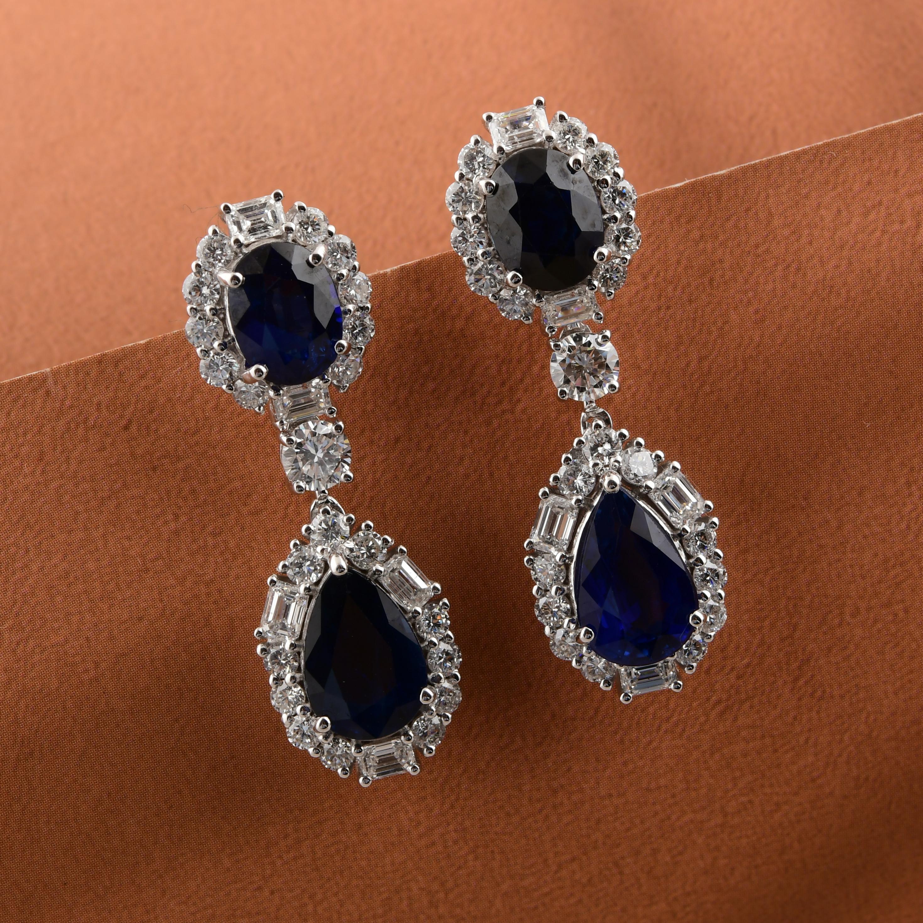 6.36 Carat Blue Sapphire 2.30 Carat SI/H Diamond Dangle Earrings 18 Karat White In New Condition For Sale In Diera, Dubai