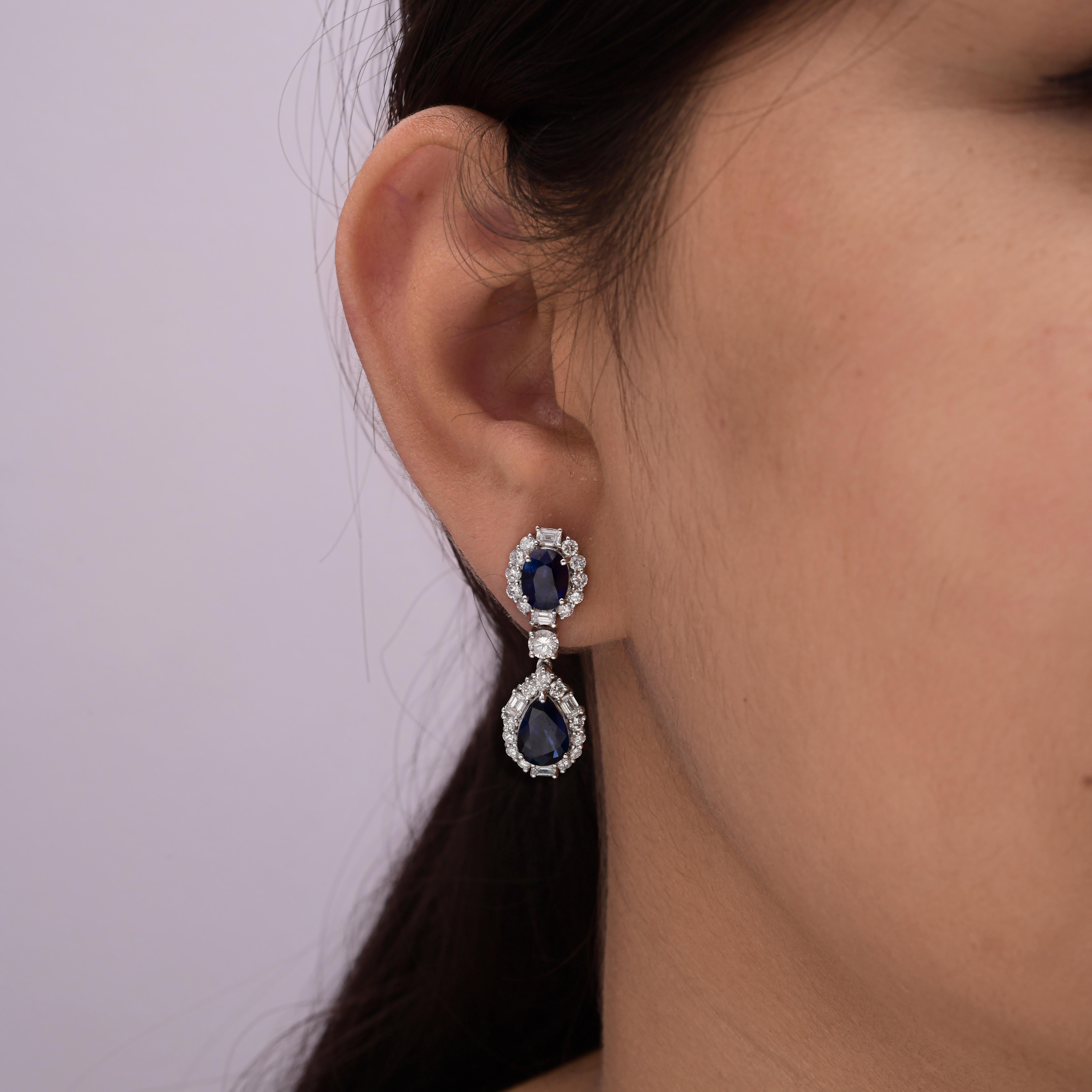 Women's 6.36 Carat Blue Sapphire 2.30 Carat SI/H Diamond Dangle Earrings 18 Karat White For Sale