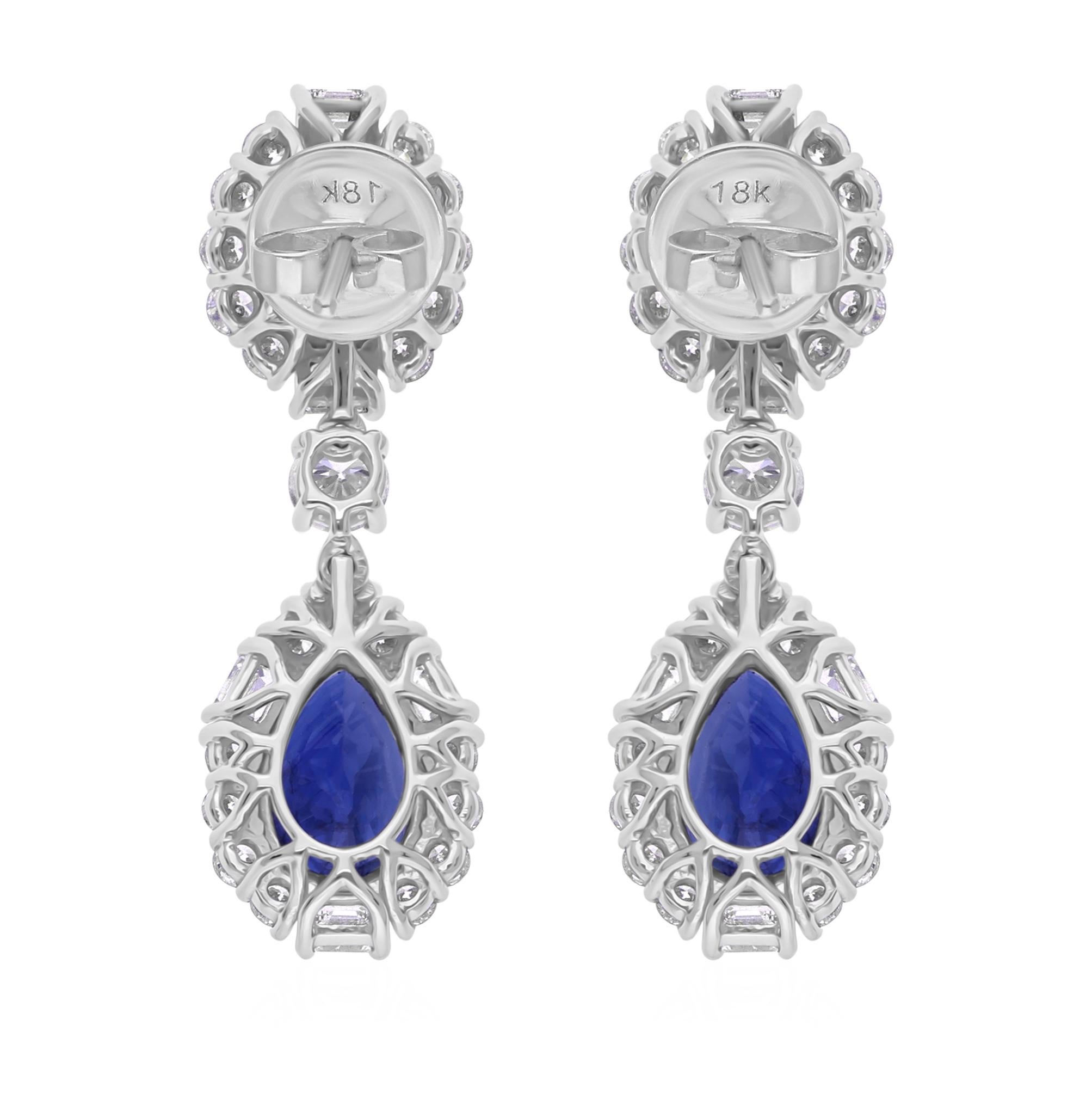 6.36 Carat Blue Sapphire 2.30 Carat SI/H Diamond Dangle Earrings 18 Karat White For Sale 1
