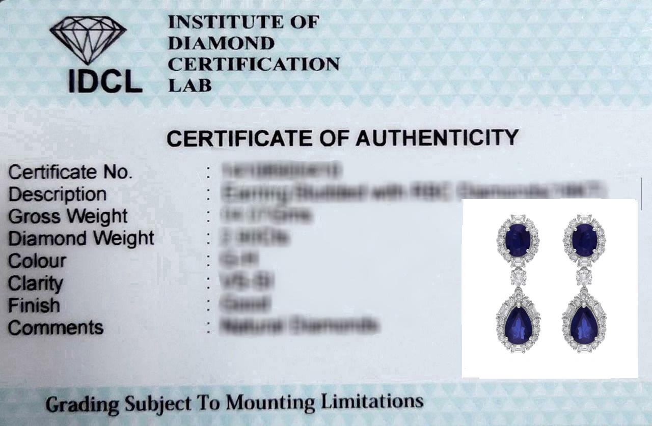 6.36 Carat Blue Sapphire 2.30 Carat SI/H Diamond Dangle Earrings 18 Karat White For Sale 2
