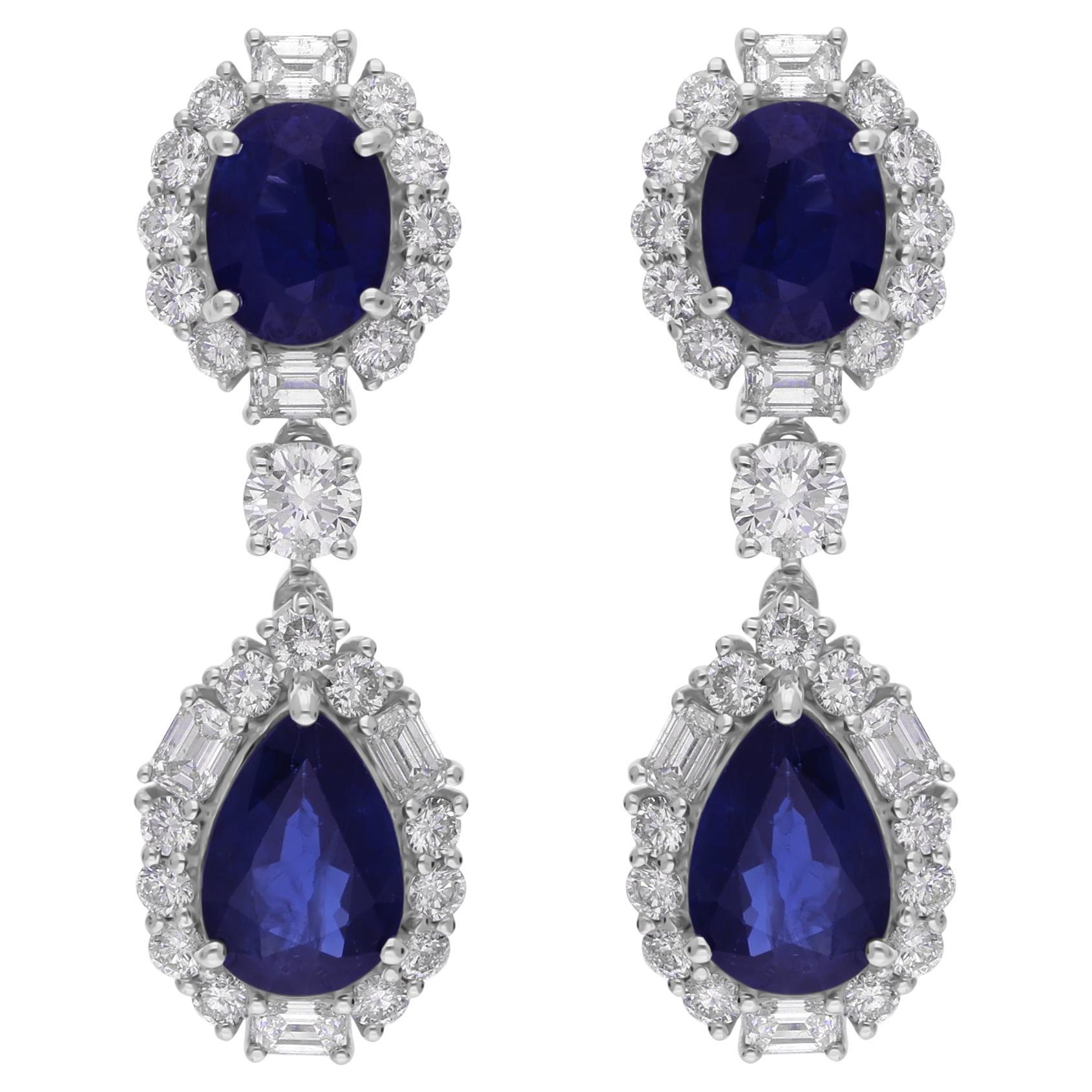 6.36 Carat Blue Sapphire 2.30 Carat SI/H Diamond Dangle Earrings 18 Karat White For Sale