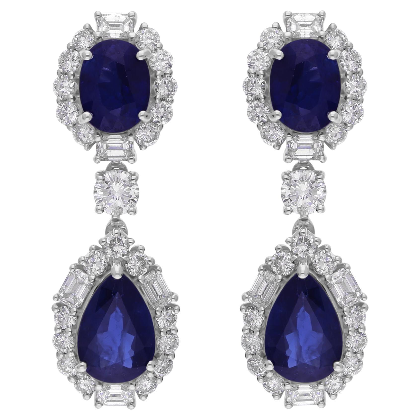 6,36 Carati Zaffiro Blu 2,30 Carati SI/H Diamante Orecchini Penzolanti 18 Carati Bianco