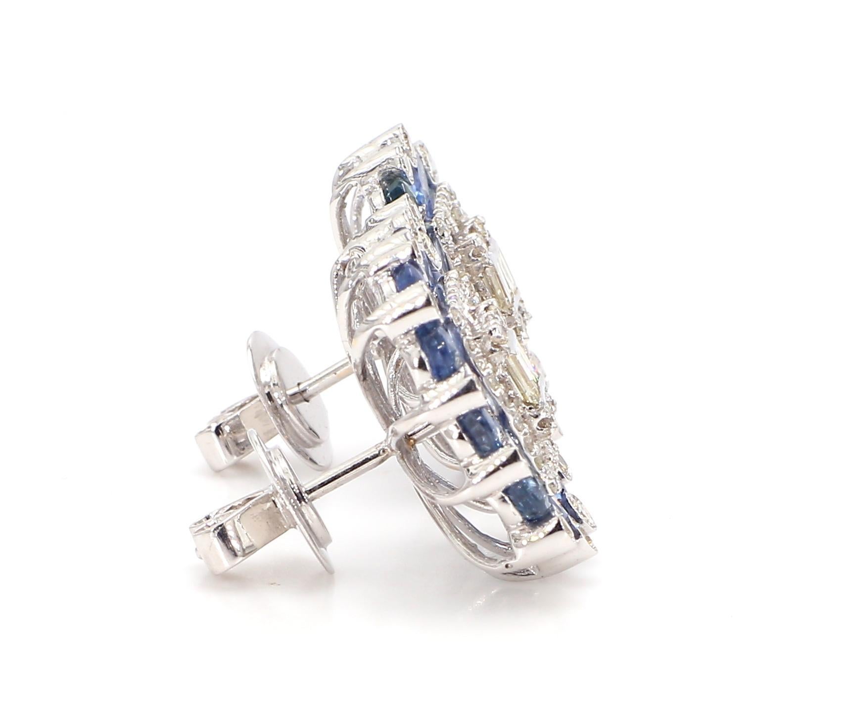 Women's 6.36 Carat Blue Sapphire and 1.08 Carat Diamond 18K Gold Studs For Sale