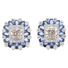6.36 Carat Blue Sapphire and 1.08 Carat Diamond 18K Gold Studs