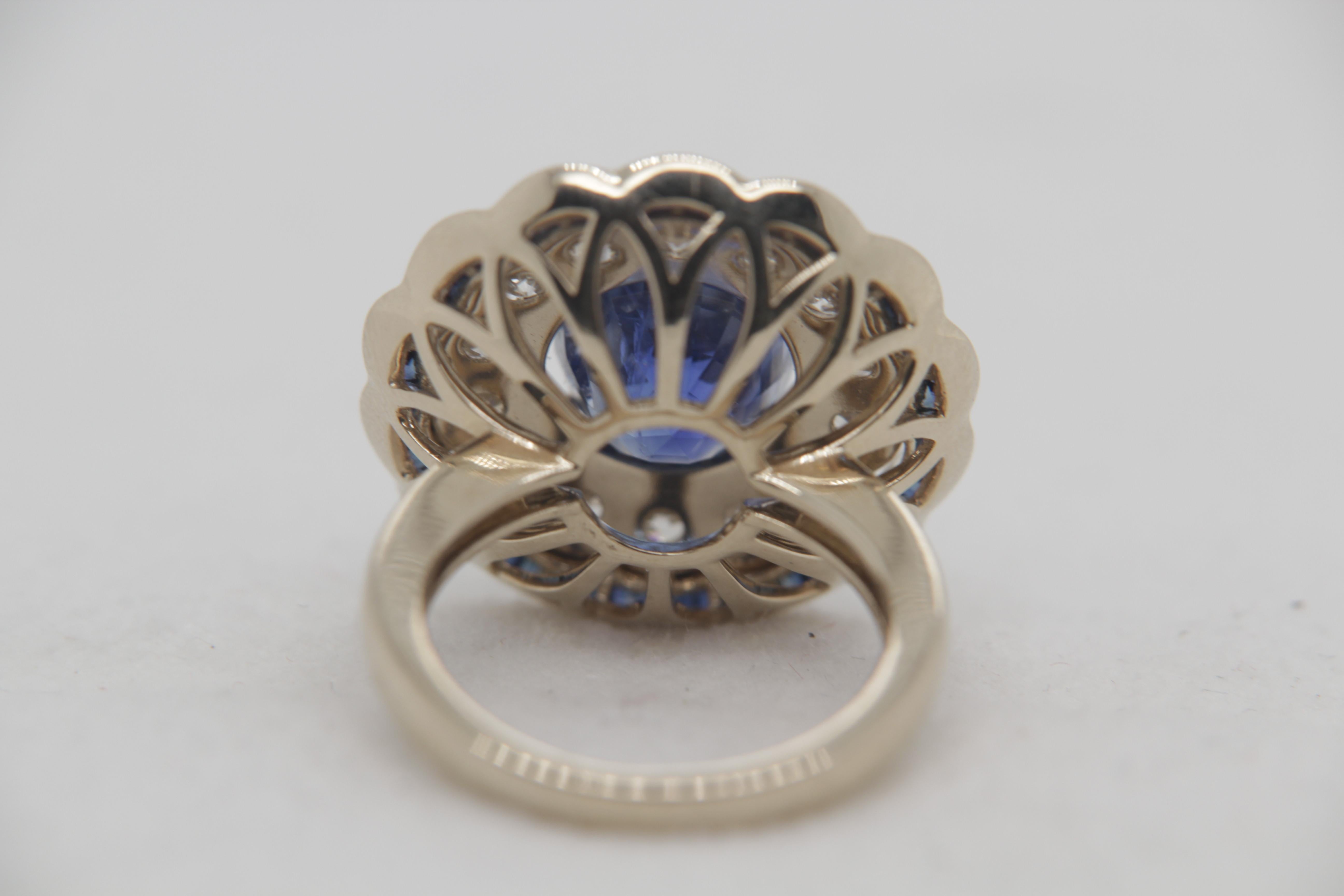 Oval Cut 6.36 Carat Blue Sapphire and Diamond Ring in 18 Karat Gold
