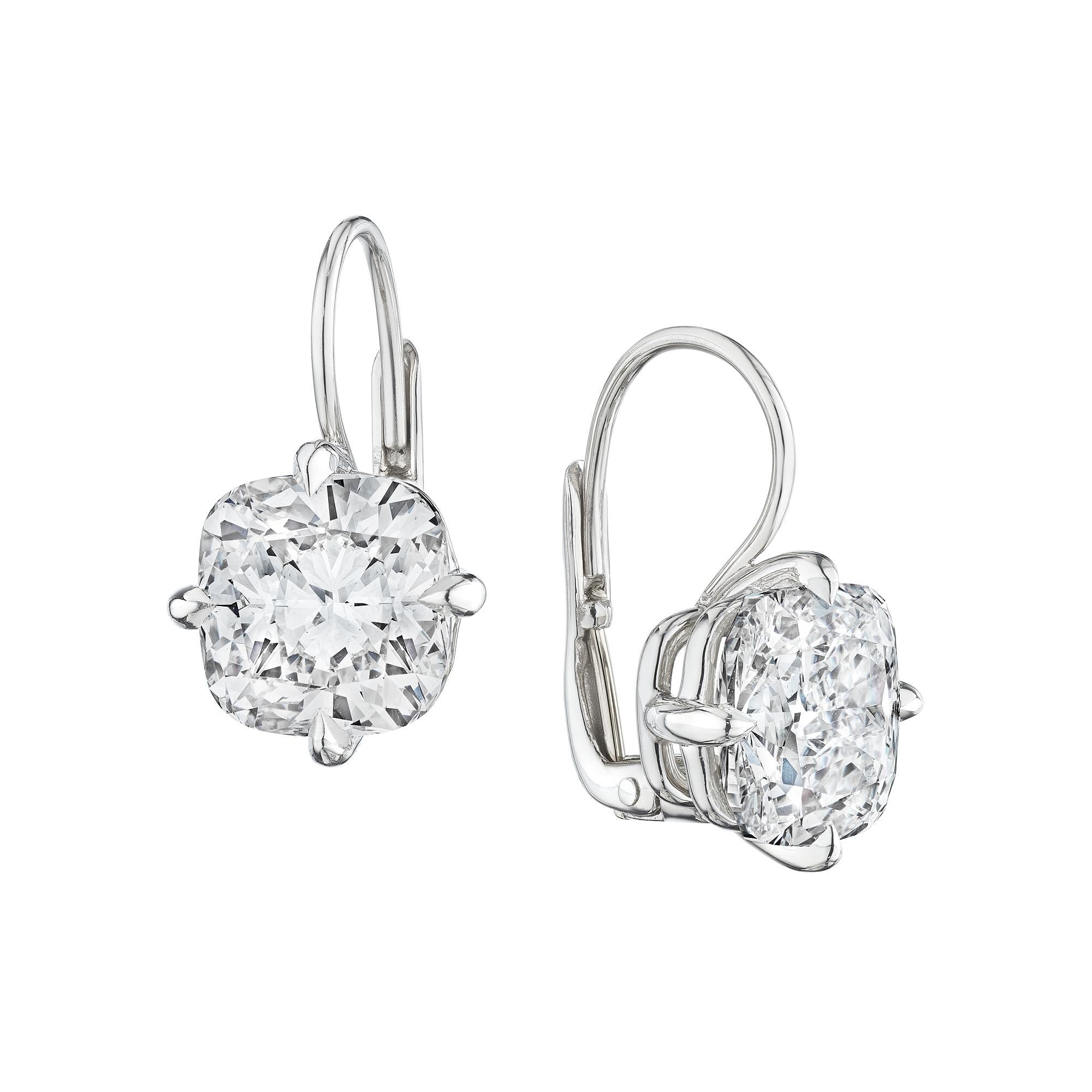 Designed by Steven Fox Jewelry, these total 6.36 carat cushion cut diamond drop platinum handmade earrings are simply extraordinary.  Diamond color E.  VS2 clarity.  GIA certification number 6147764574 and 1146764525.  3/4