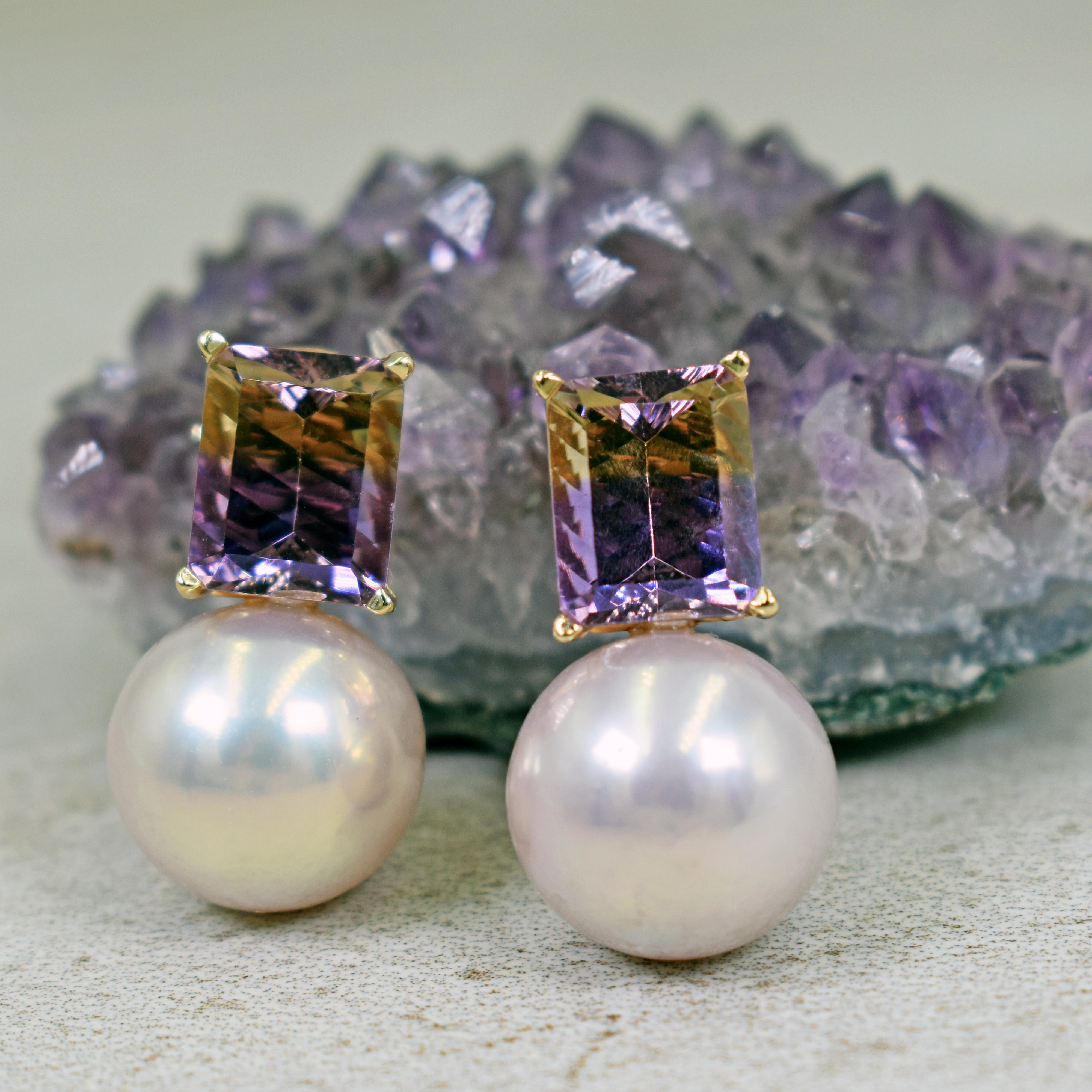 Contemporary 6.36 Carat Fantasy Cut Ametrine Pink Freshwater Pearl 14k Gold Stud Earrings