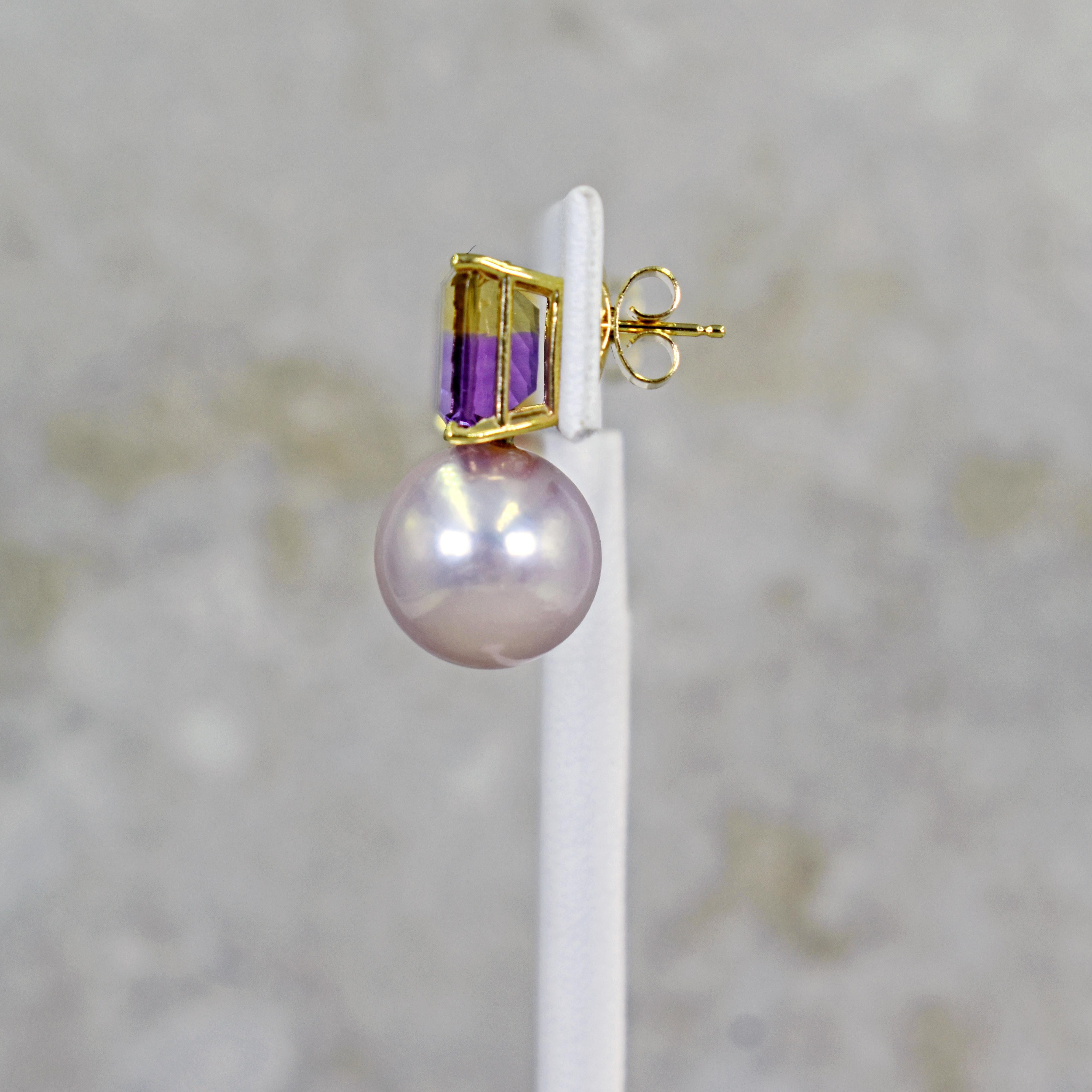6.36 Carat Fantasy Cut Ametrine Pink Freshwater Pearl 14k Gold Stud Earrings In New Condition In Naples, FL