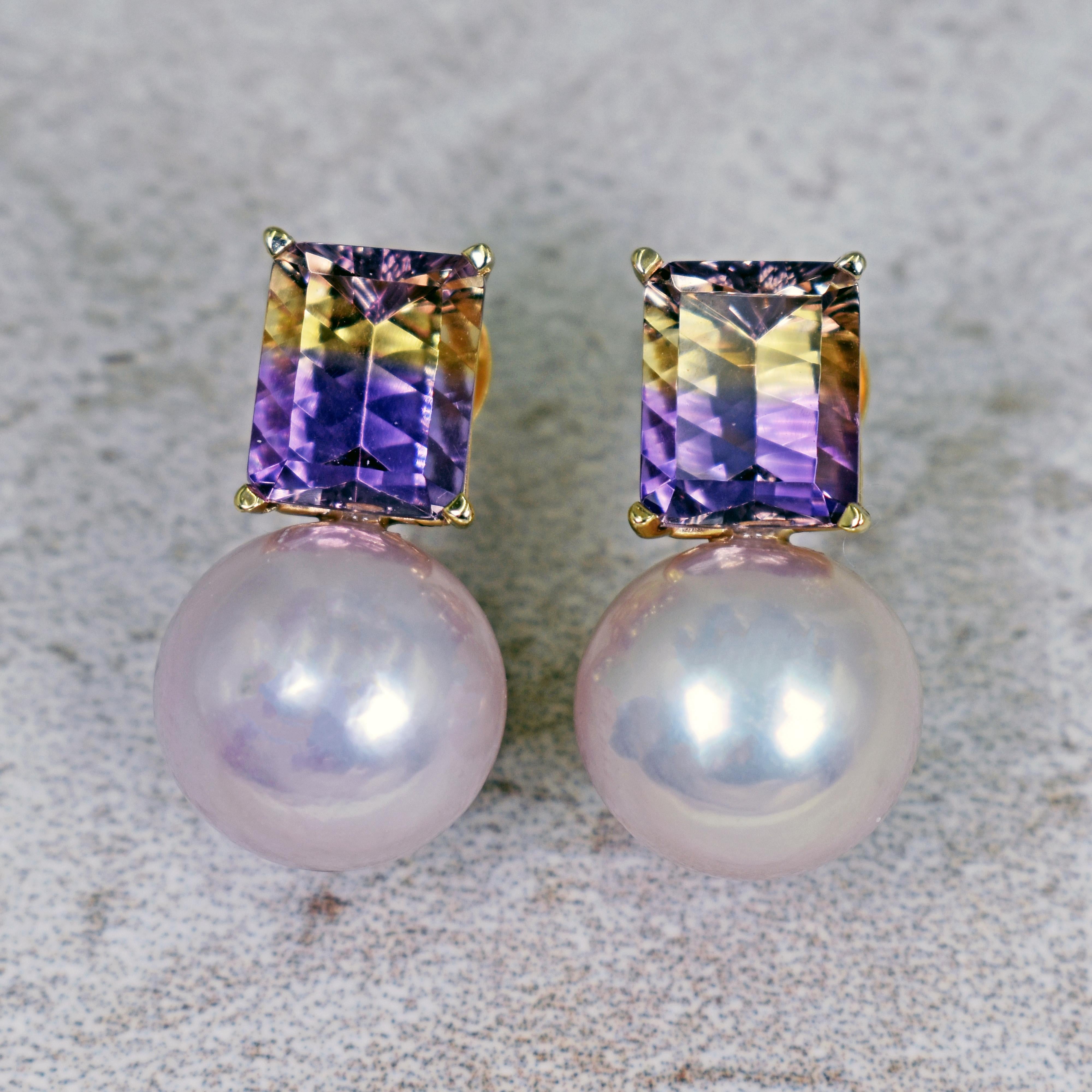 6.36 Carat Fantasy Cut Ametrine Pink Freshwater Pearl 14k Gold Stud Earrings 2