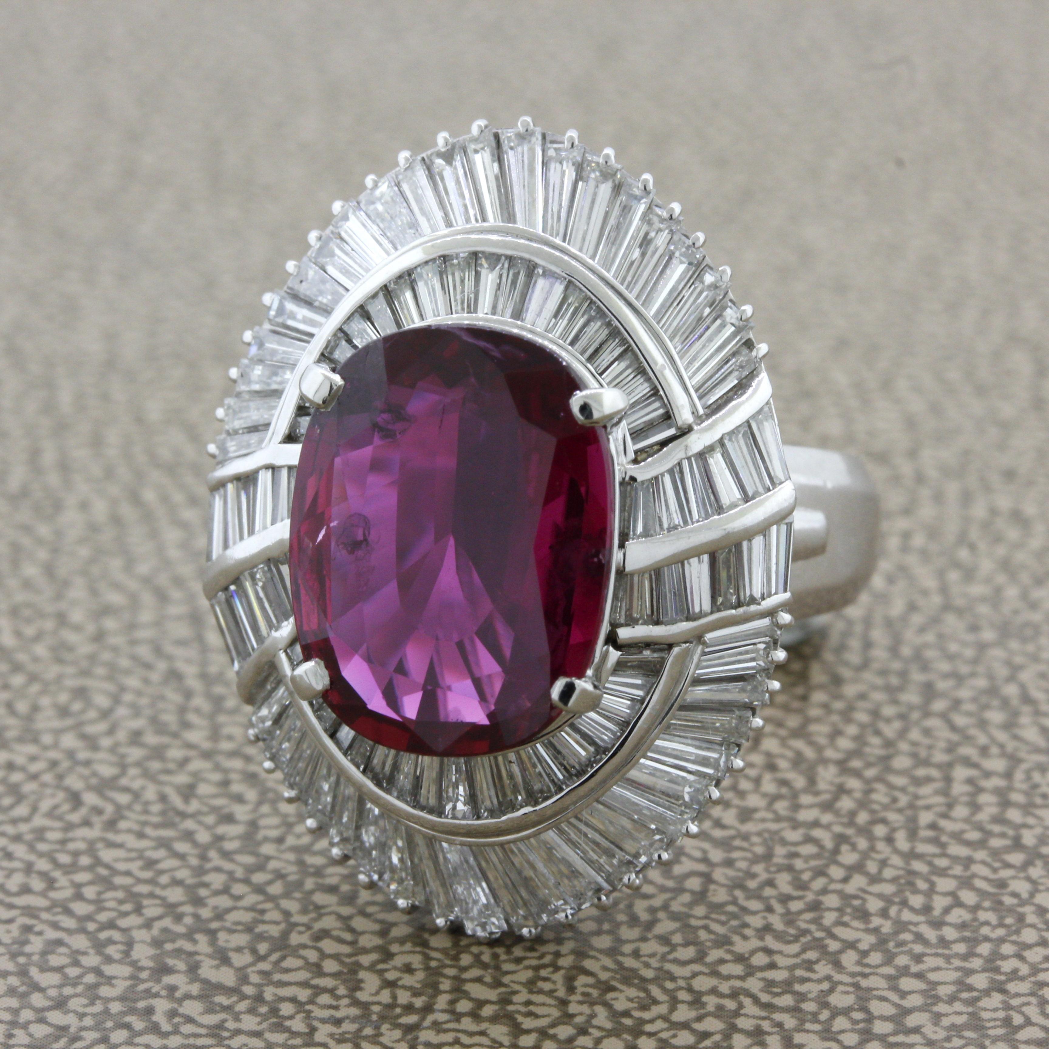 Oval Cut 6.36 Carat Fine Ruby Diamond Platinum Cocktail Ring, AGL Certified For Sale