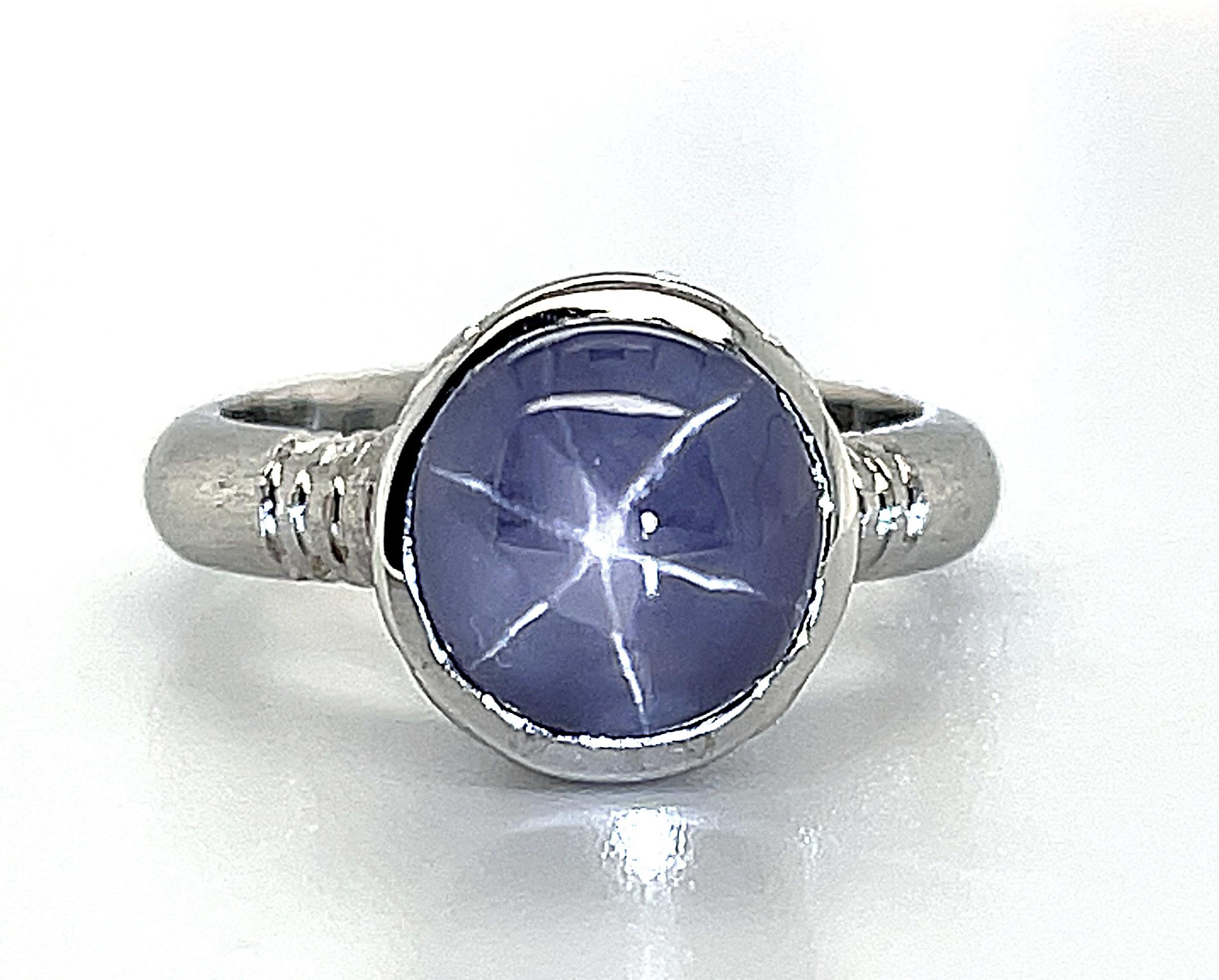 6.36 Carat Oval Silver Blue Star Sapphire Cabochon, Diamond, White Gold Ring In New Condition In Los Angeles, CA