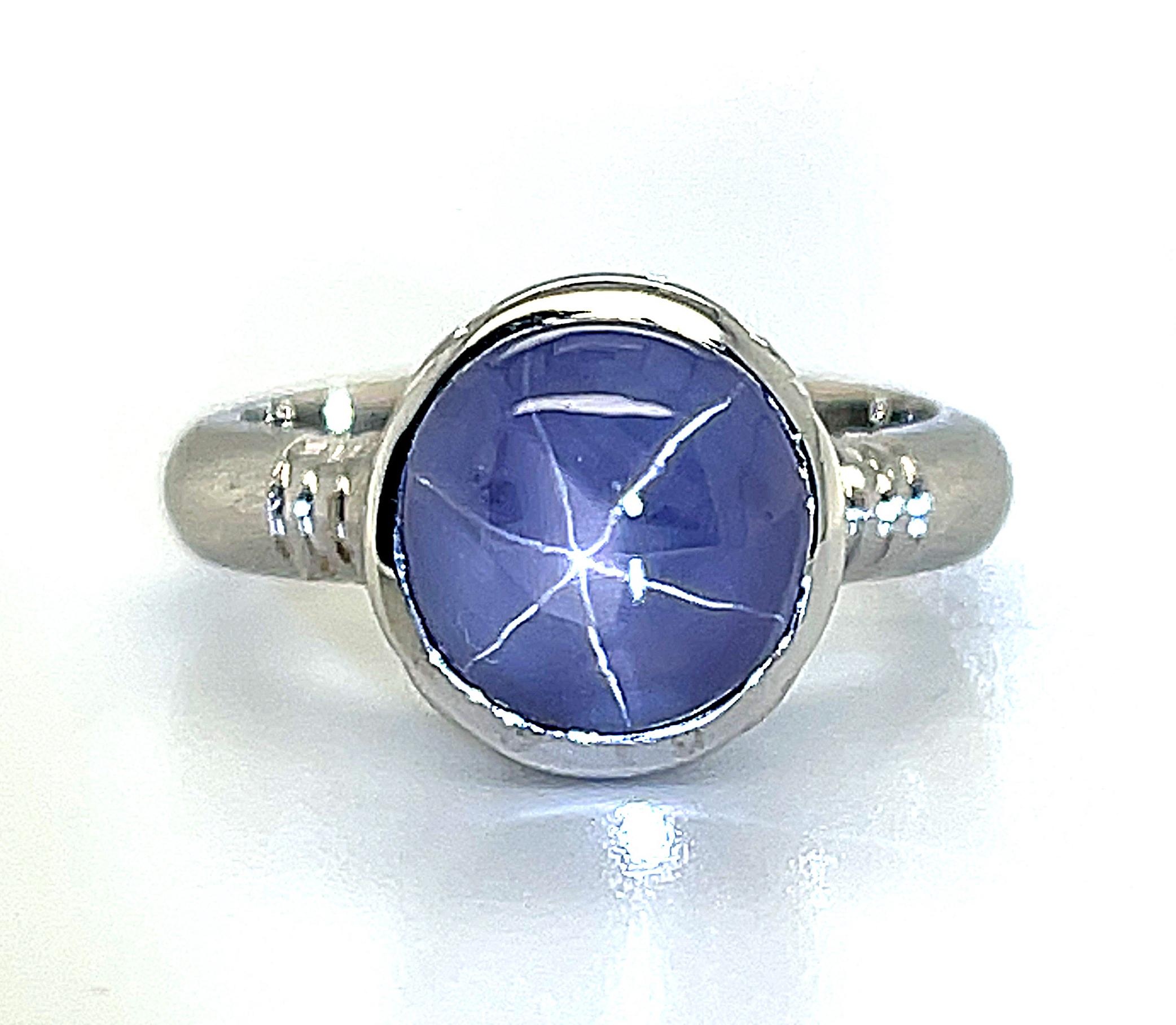 Artisan 6.36 Carat Oval Silver Blue Star Sapphire Cabochon, Diamond, White Gold Ring