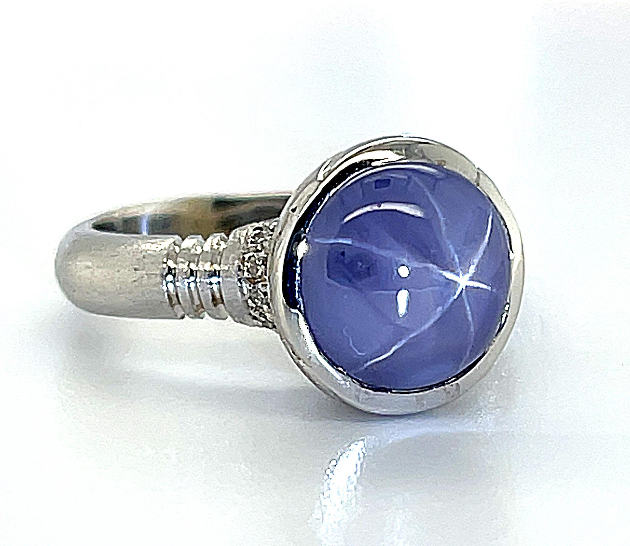 Women's or Men's 6.36 Carat Oval Silver Blue Star Sapphire Cabochon, Diamond, White Gold Ring