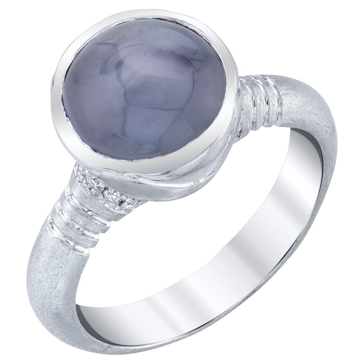 6.36 Carat Oval Silver Blue Star Sapphire Cabochon, Diamond, White Gold Ring